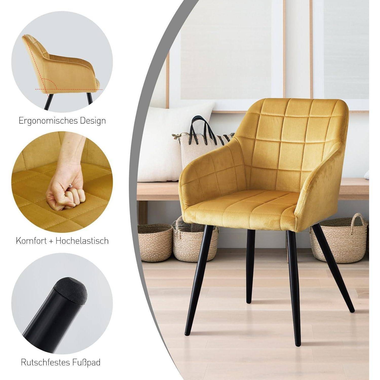 Senfgelber gepolsterter Akzentuierungsstuhl mit schwarzen Beinen; seitliche Legenden in Deutsch heben ergonomisches Design, hohe Elastizität Komfort und rutschfeste Fußkappen hervor.