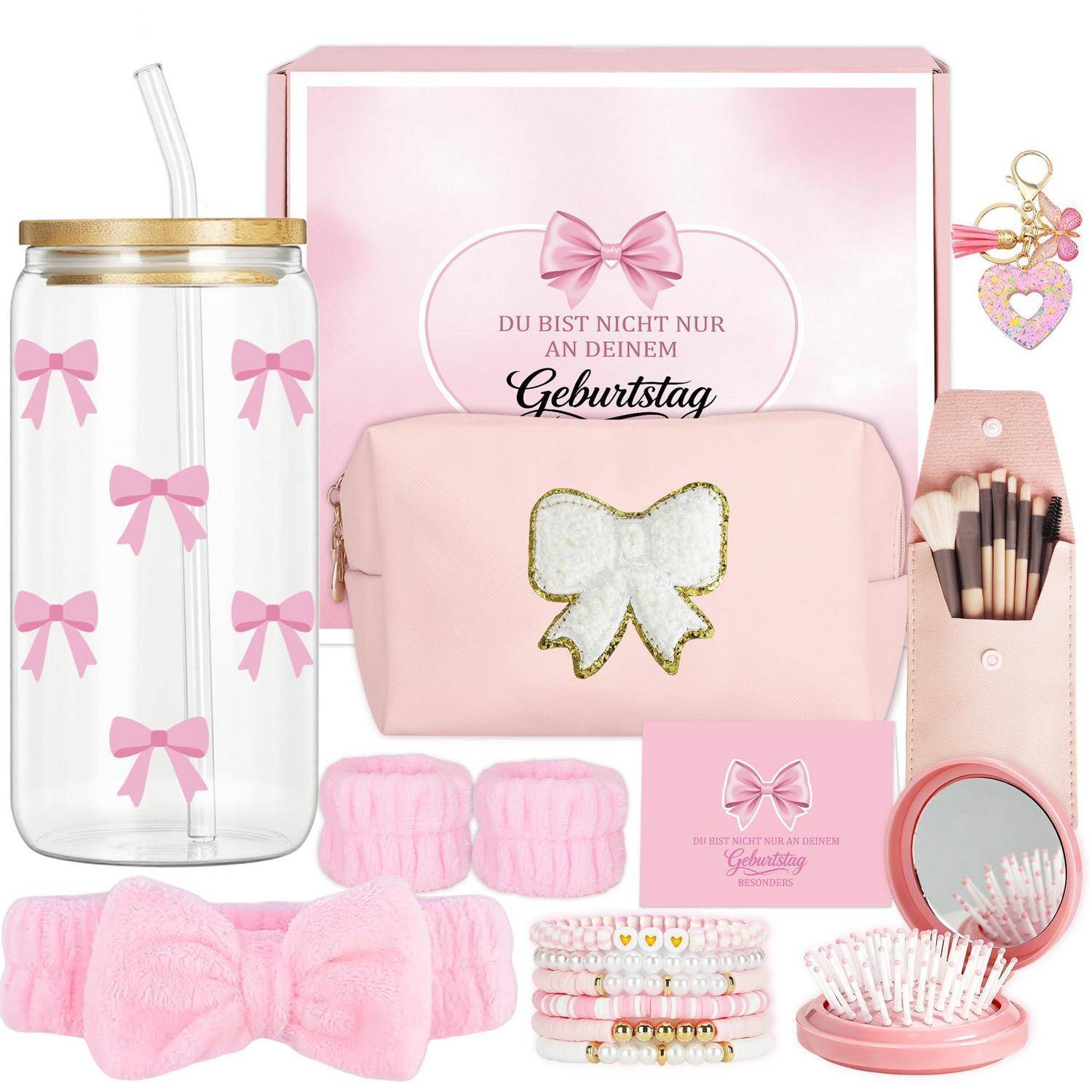 Rosa Geburtstagsgeschenkset mit schleifenthematischem Tumbler, Kosmetiktasche, Haaraccessoires, Make-up-Pinsel, Armbänder, Spiegel und Geschenkbox mit Aufschrift „Du bist nicht nur an deinem Geburtstag