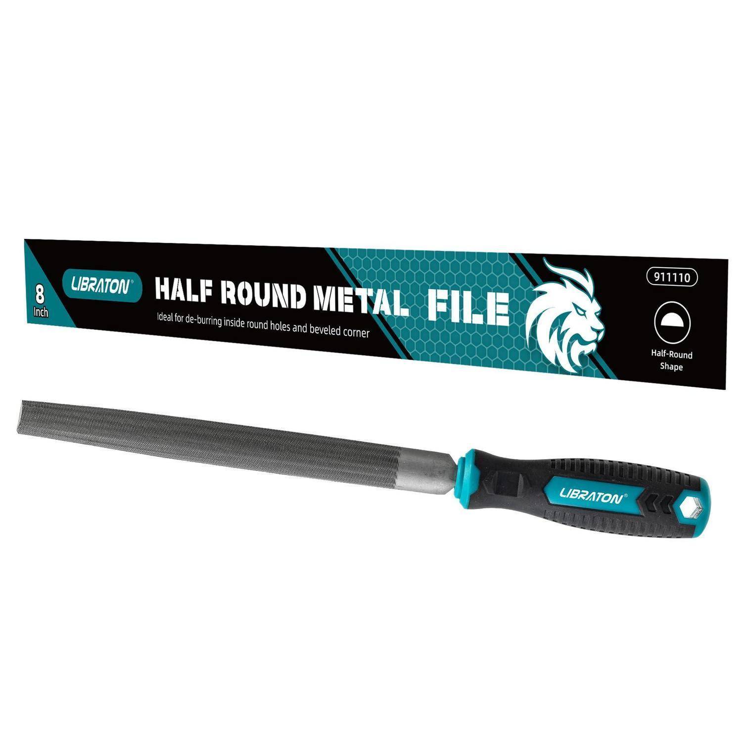 Produktbild einer 20 cm langen Halbrundhobel-Metallfeile mit schwarzem und blaugrünem Griff, dargestellt mit ihrer Markierungsverpackung mit der Aufschrift „HALF ROUND METAL FILE