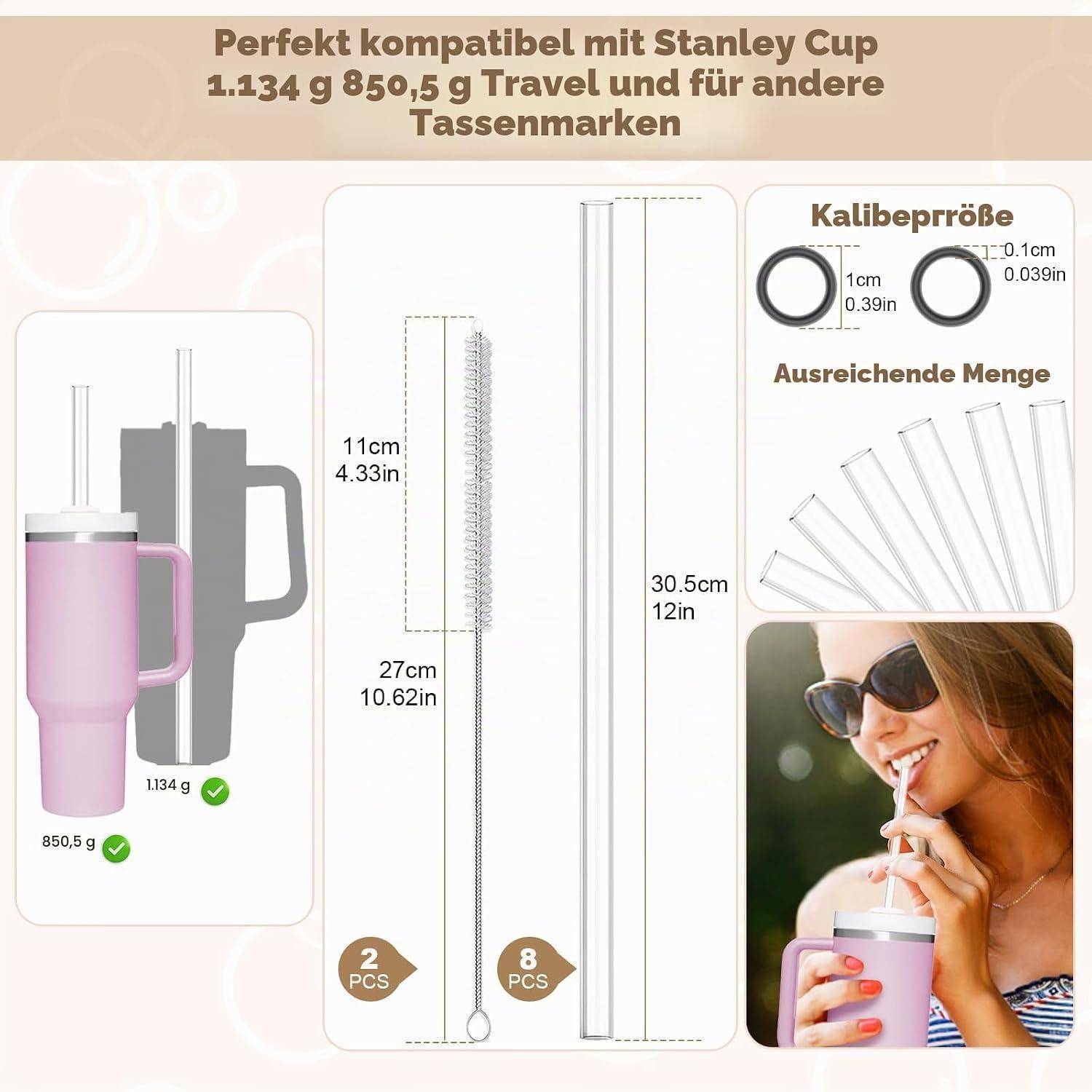 Infografik zum Vergleich von wiederverwendbaren Becher-Teilen und Größen für Stanley-Cup-Kompatibilität, mit Rohrlängen, Ringmustern und einer Frau, die aus einem rosa Becher trinkt.
