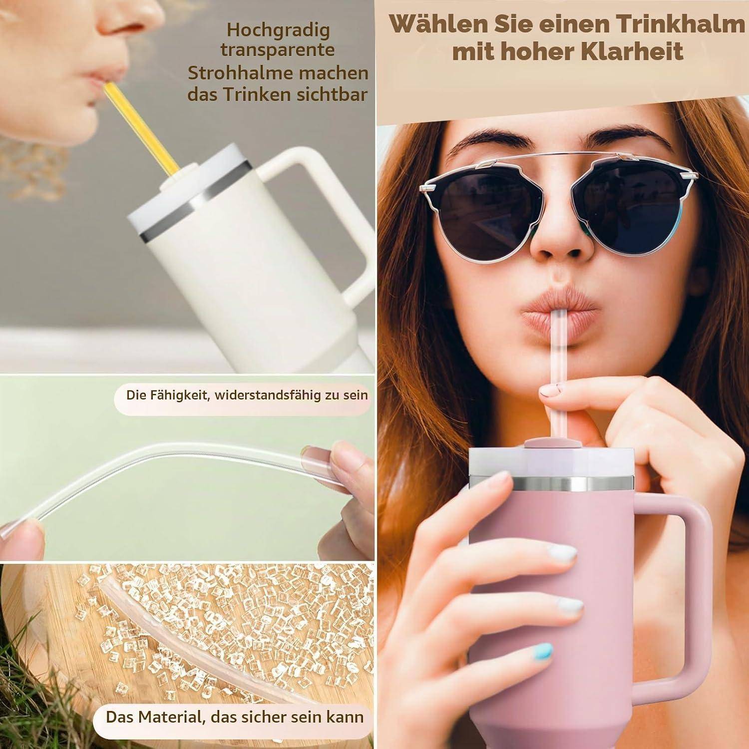 Collage-Anzeige mit wiederverwendbarem isoliertem Becher mit transparentem Strohhalm, der hohe Transparenz, Langlebigkeit und sicheres Material hervorhebt; eine Frau trinkt daraus.
