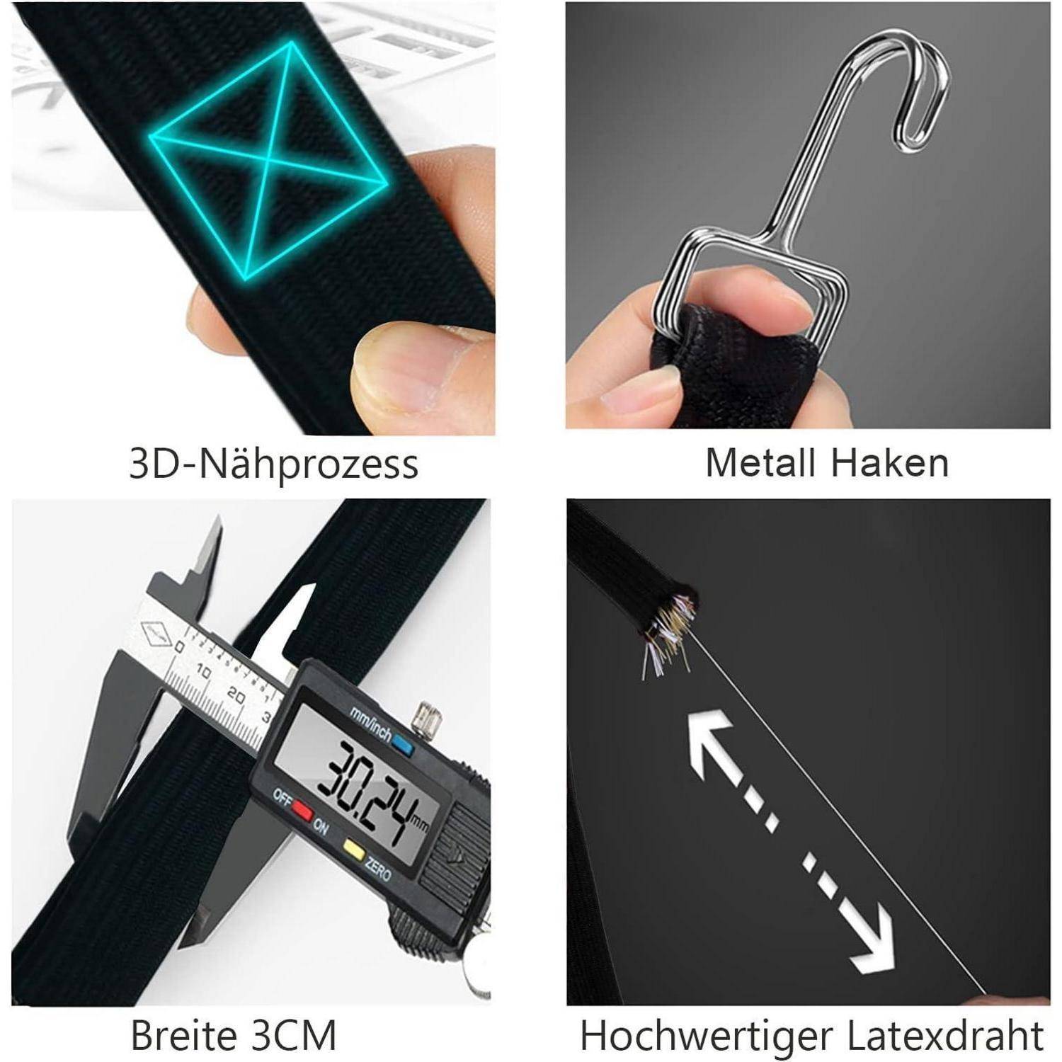 Vierteiliges Produktbild mit einem schwarzen Riemen: 3D-Steppung, ein Metallhaken, 3 cm Breite und ein Haltbarkeitstests mit dehnbarem Latex-Kord.