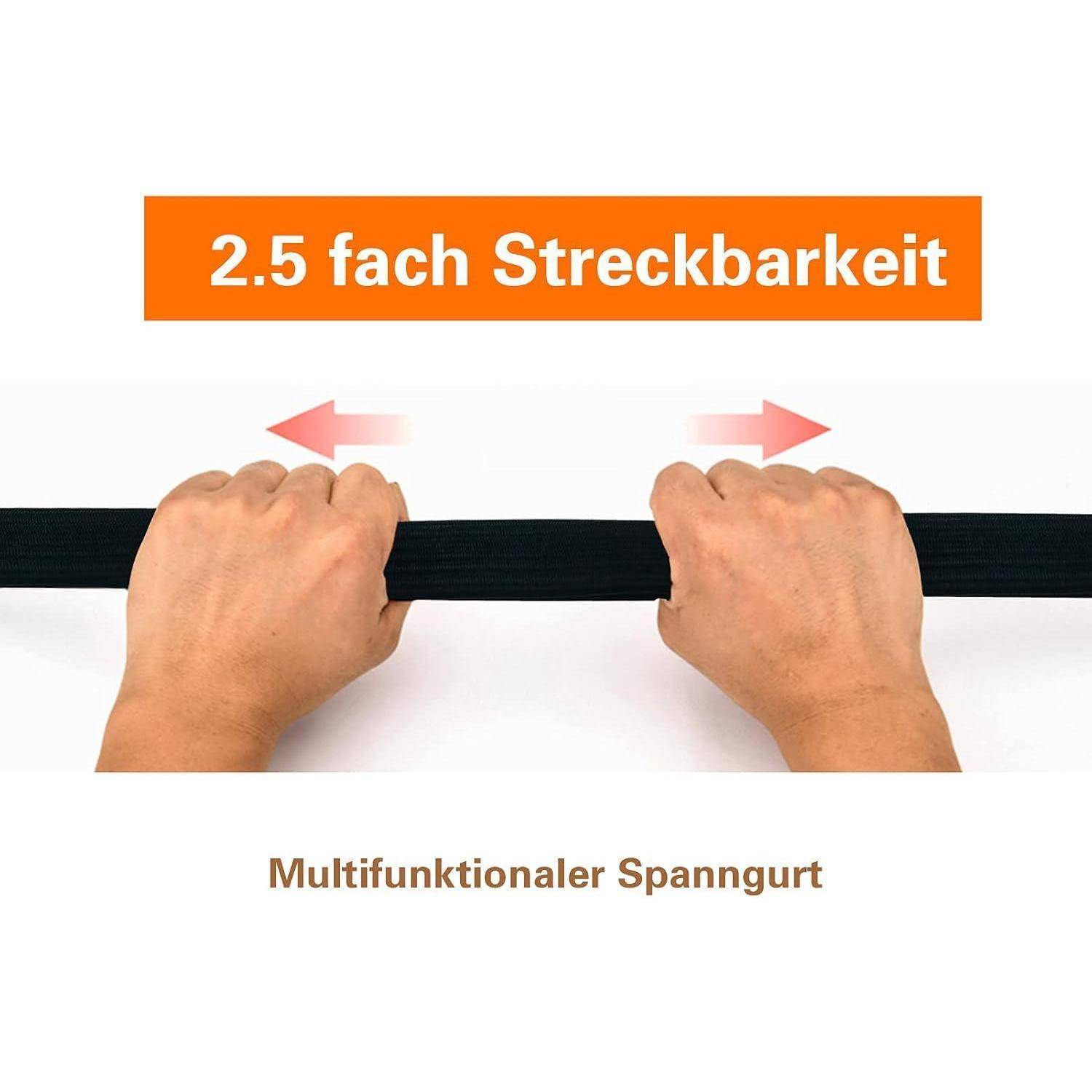 Hände, die einen schwarzen multifunktionalen Spanngurt dehnen, mit der Beschriftung 