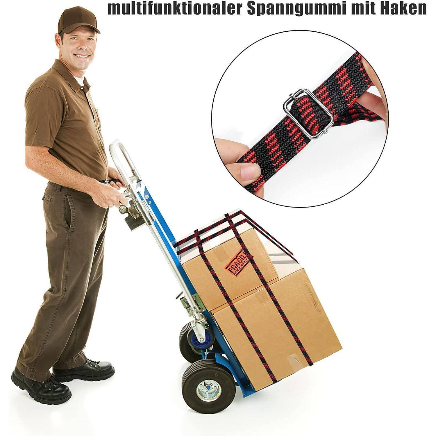 Mann, der einen Handwagen zum Transportieren einer mit Spanngurt gesicherten Kartonbox verwendet, mit eingefügter Nahaufnahme des multifunktionalen Spanngurt-Hakens.