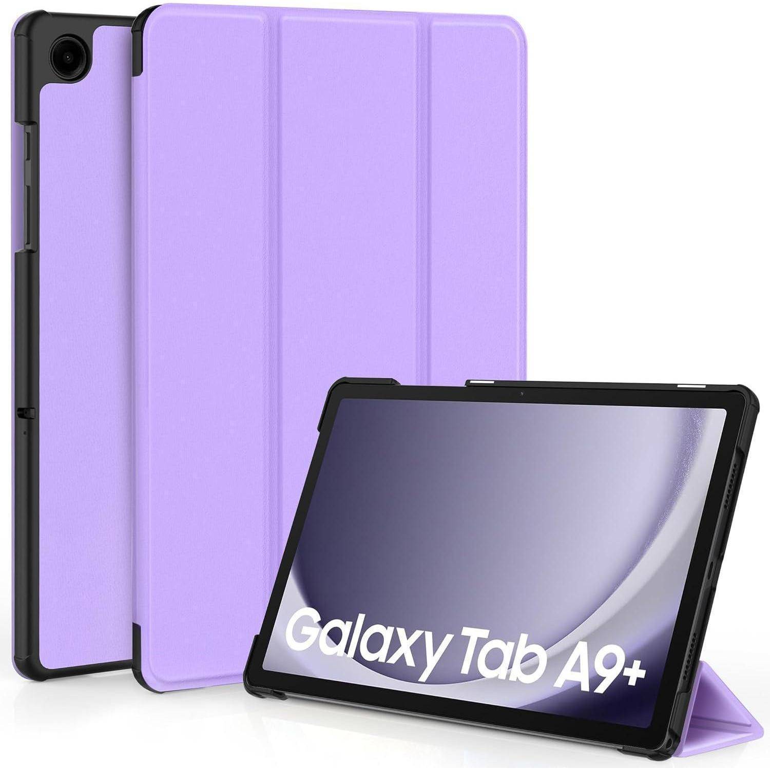 Violette Schutzhülle und Ständer für Samsung Galaxy Tab A9+ Tablet, geöffnet dargestellt mit dem Tablet davor, das den Modellnamen anzeigt.