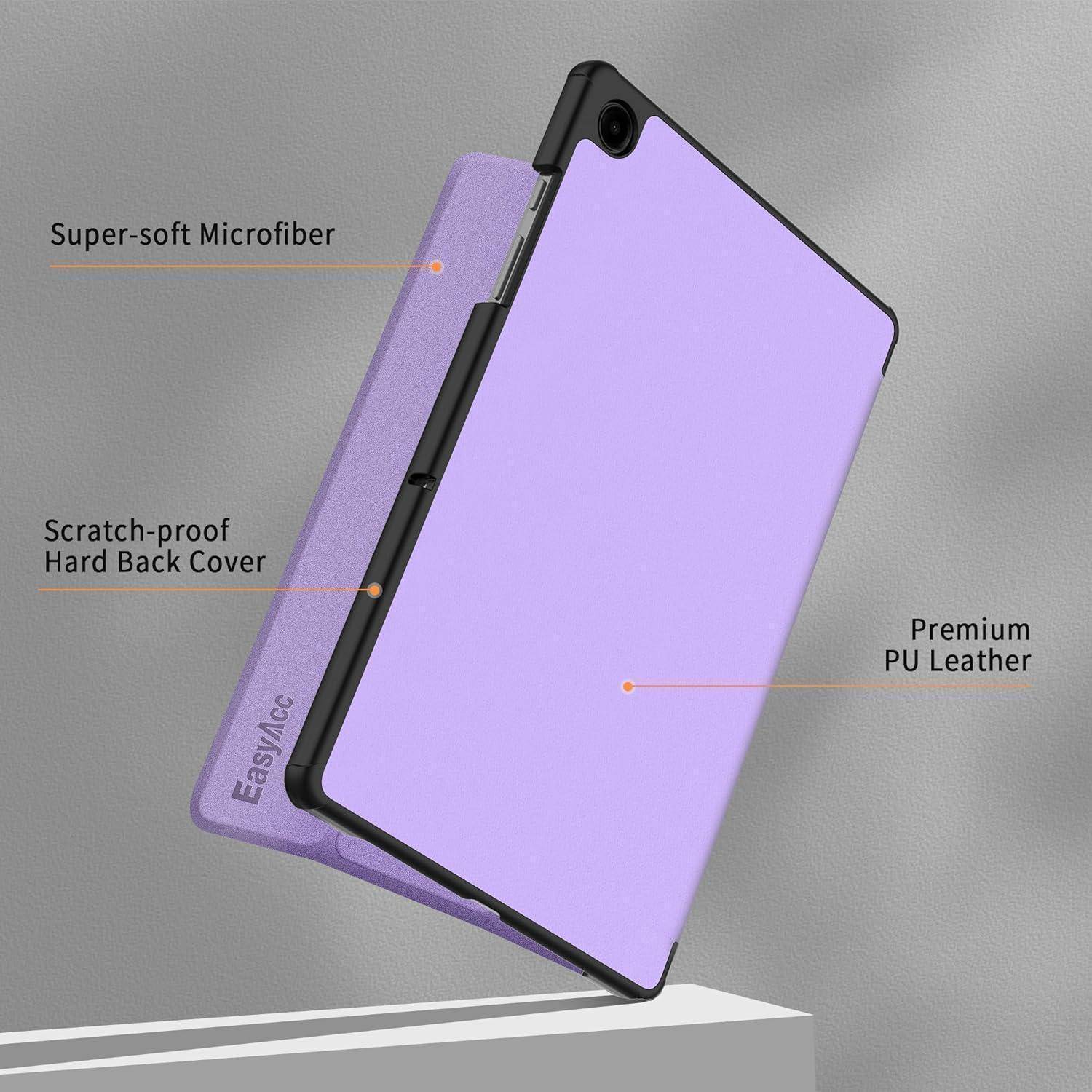 Violette Tablet-Schutzhülle, offen dargestellt, mit ultraweicher Mikrofaser-Auskleidung, kratzfester harter Rückseite und edlem Kunstleder-Außenmaterial.