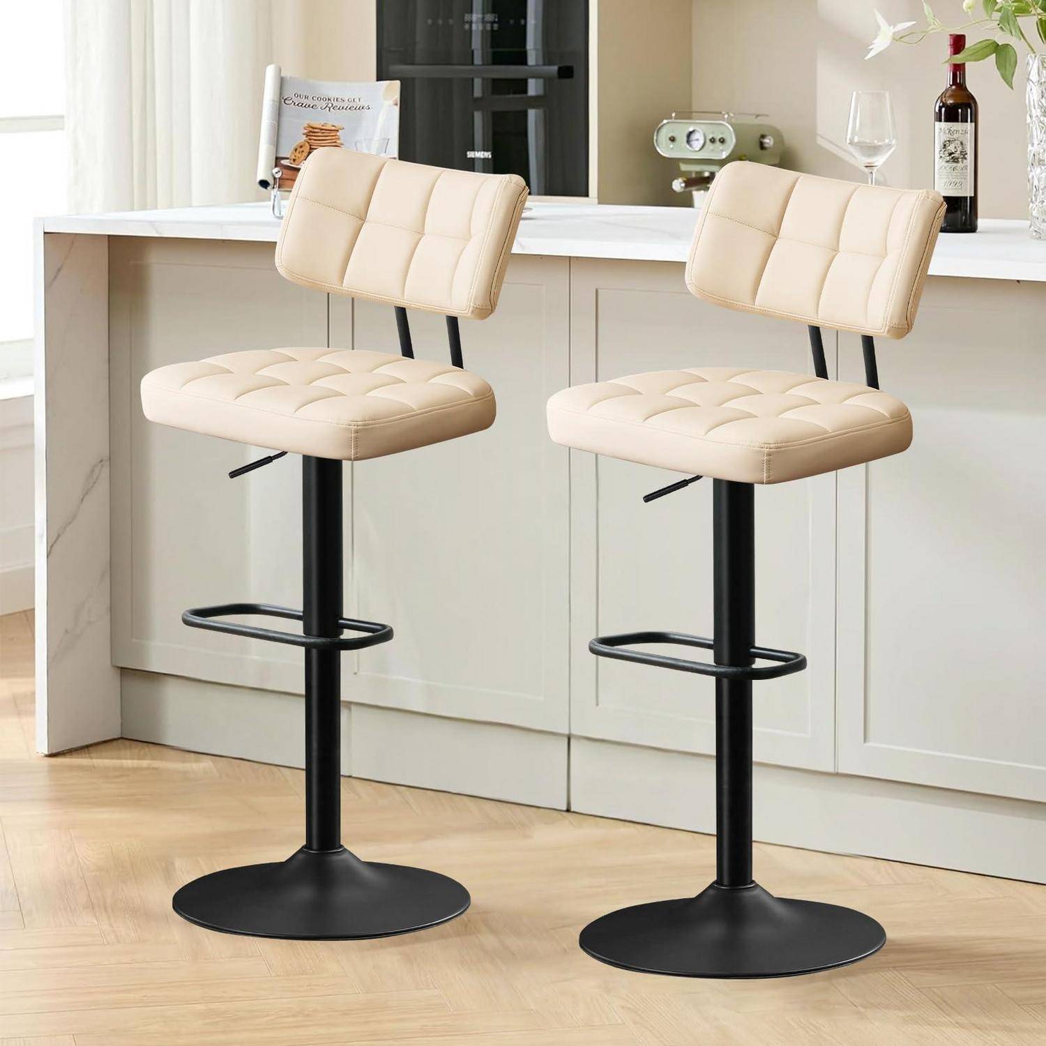 Barhocker 2er Set, Barstuhl höhenverstellbar aus PU-Leder, 360°Drehstuhl Küchenstuhl mit Rückenlehne und Fußstütze für Küche, Wohnzimmer, Essz