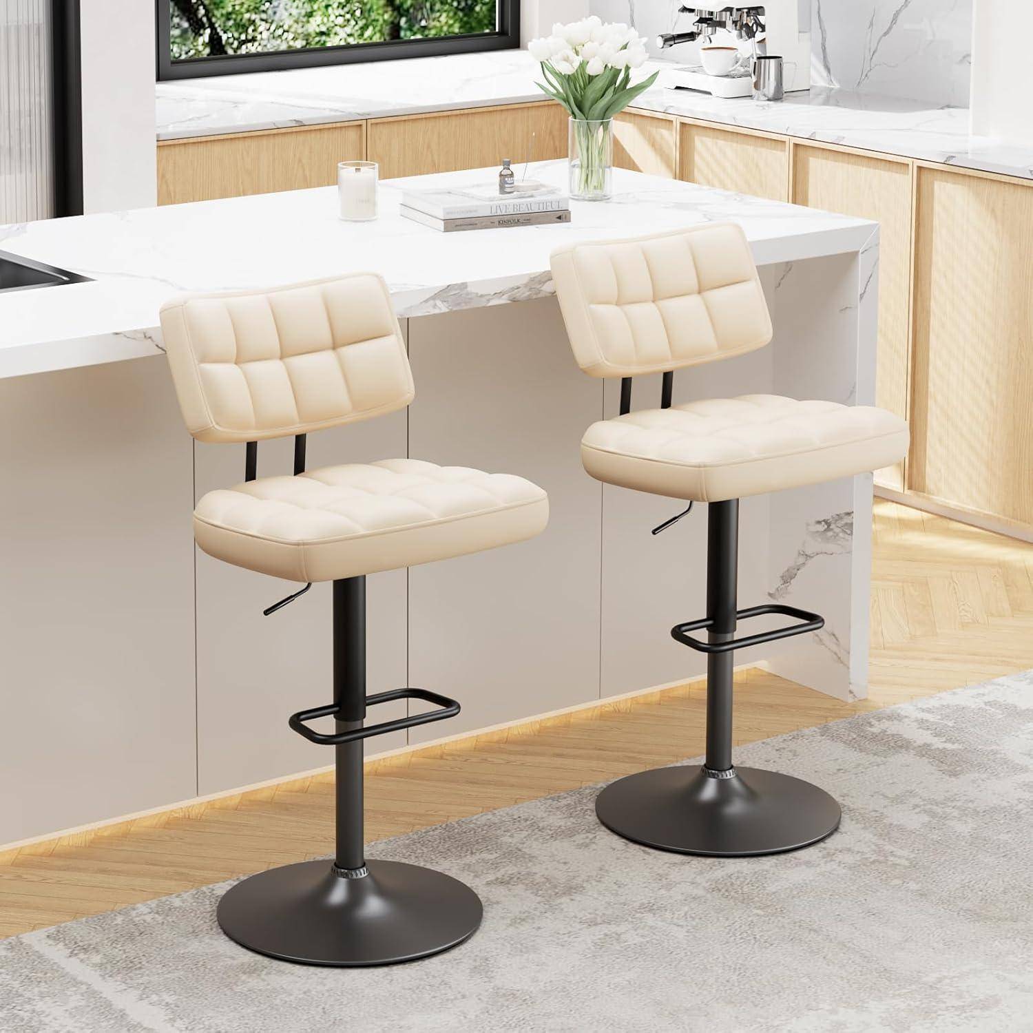 Barhocker 2er Set, Barstuhl höhenverstellbar aus PU-Leder, 360°Drehstuhl Küchenstuhl mit Rückenlehne und Fußstütze für Küche, Wohnzimmer, Essz