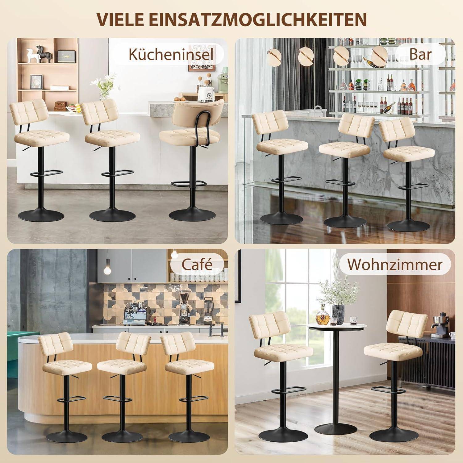 Barhocker 2er Set, Barstuhl höhenverstellbar aus PU-Leder, 360°Drehstuhl Küchenstuhl mit Rückenlehne und Fußstütze für Küche, Wohnzimmer, Essz