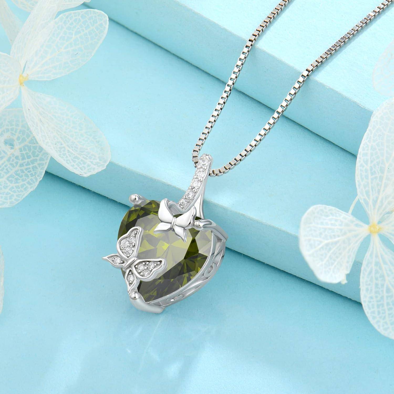 FJ Schmetterling Kette Damen 925 Sterling Silber Herz Geburtsstein Kette Anhänger Schmuck Geschenke für Frauen Mutter Freundin Mama 08 August - Peri