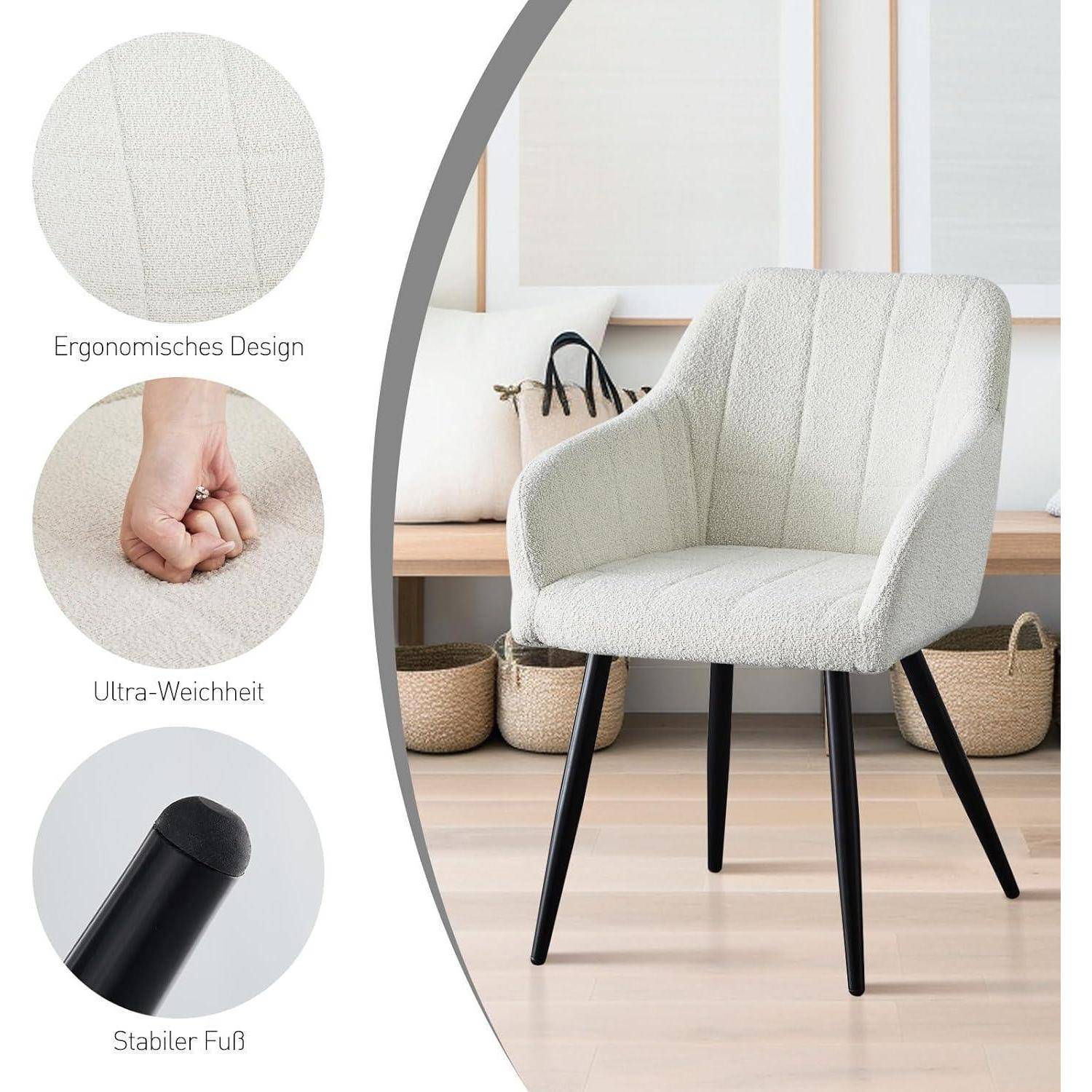 CLIPOP Esszimmerstühle 4er Set, Stühle mit Armlehne, Teddy Boucle Beige Sitzfläche, Esszimmer Küche Wohnzimmer Stuhl Küchenstuhl Polsterstuhl, f