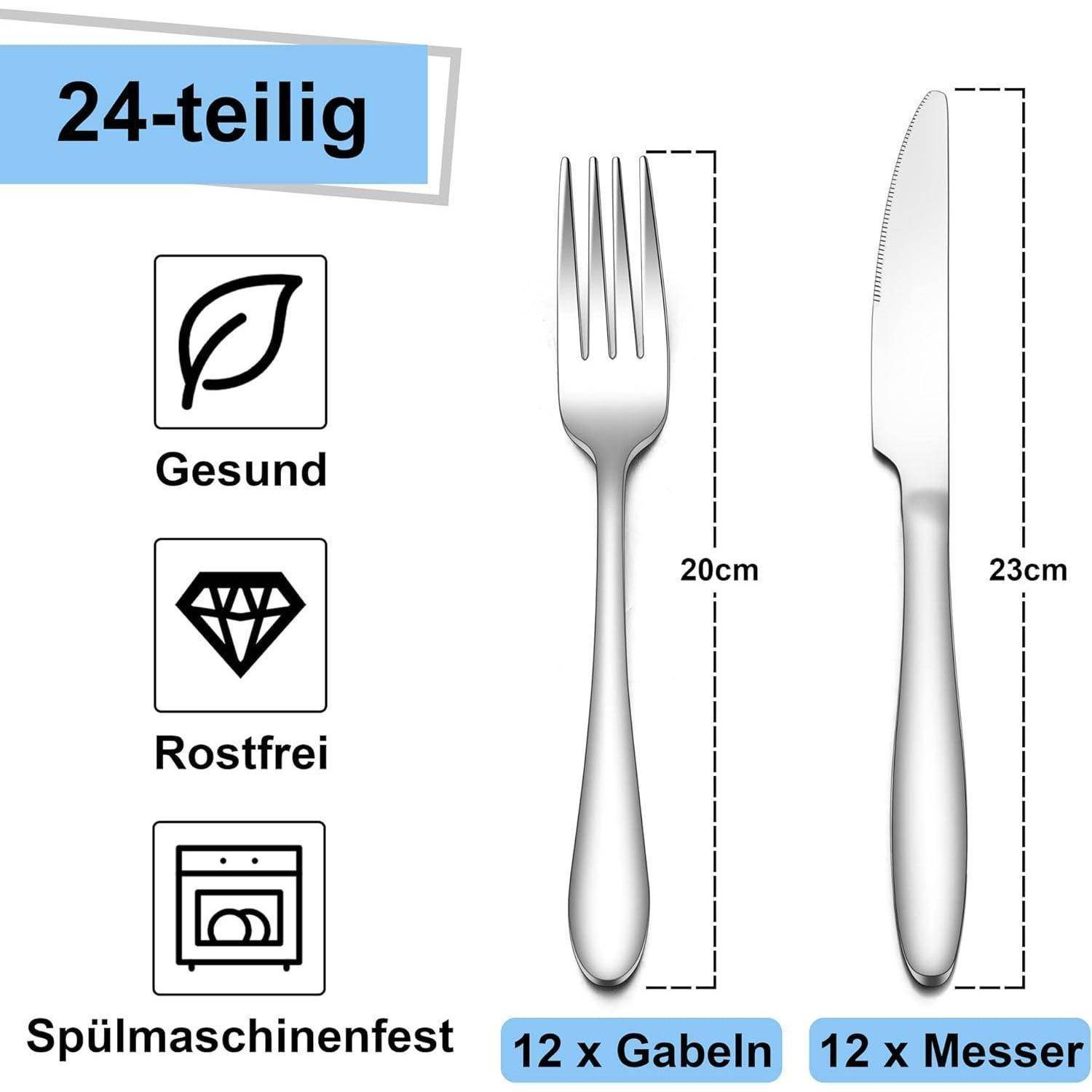 24-teiliges Besteck-Set aus Edelstahl: 12 Gabel und 12 Messer, spülmaschinenfest, gesund, rostfrei; Gabel 20 cm, Messer 23 cm.