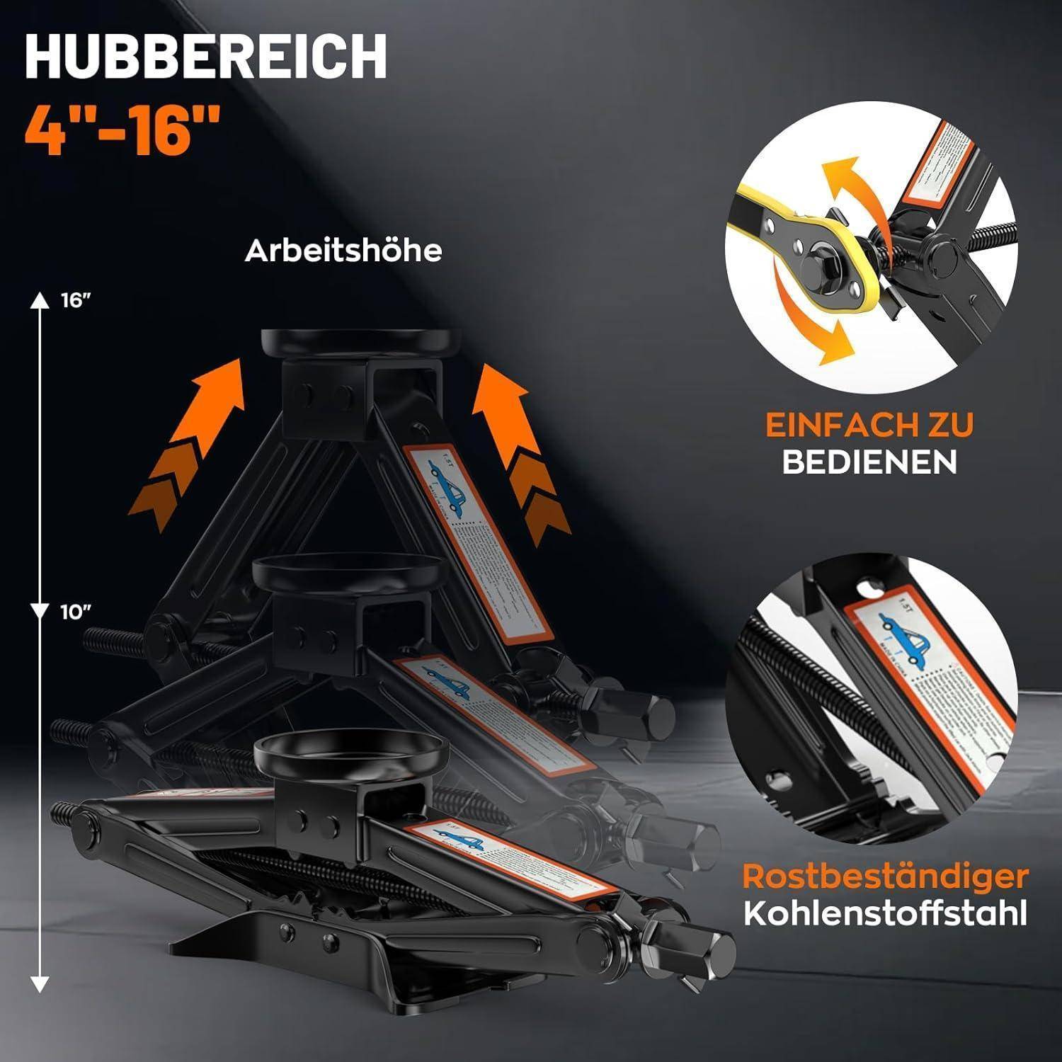Universelle Wagenheber 1.5T, Neues Upgrade Scherenwagenheber mit 2Pcs Wagenheber Gummiauflage Schützt PKW, Tragbarer Car Jack mit Radmutternschlüsse
