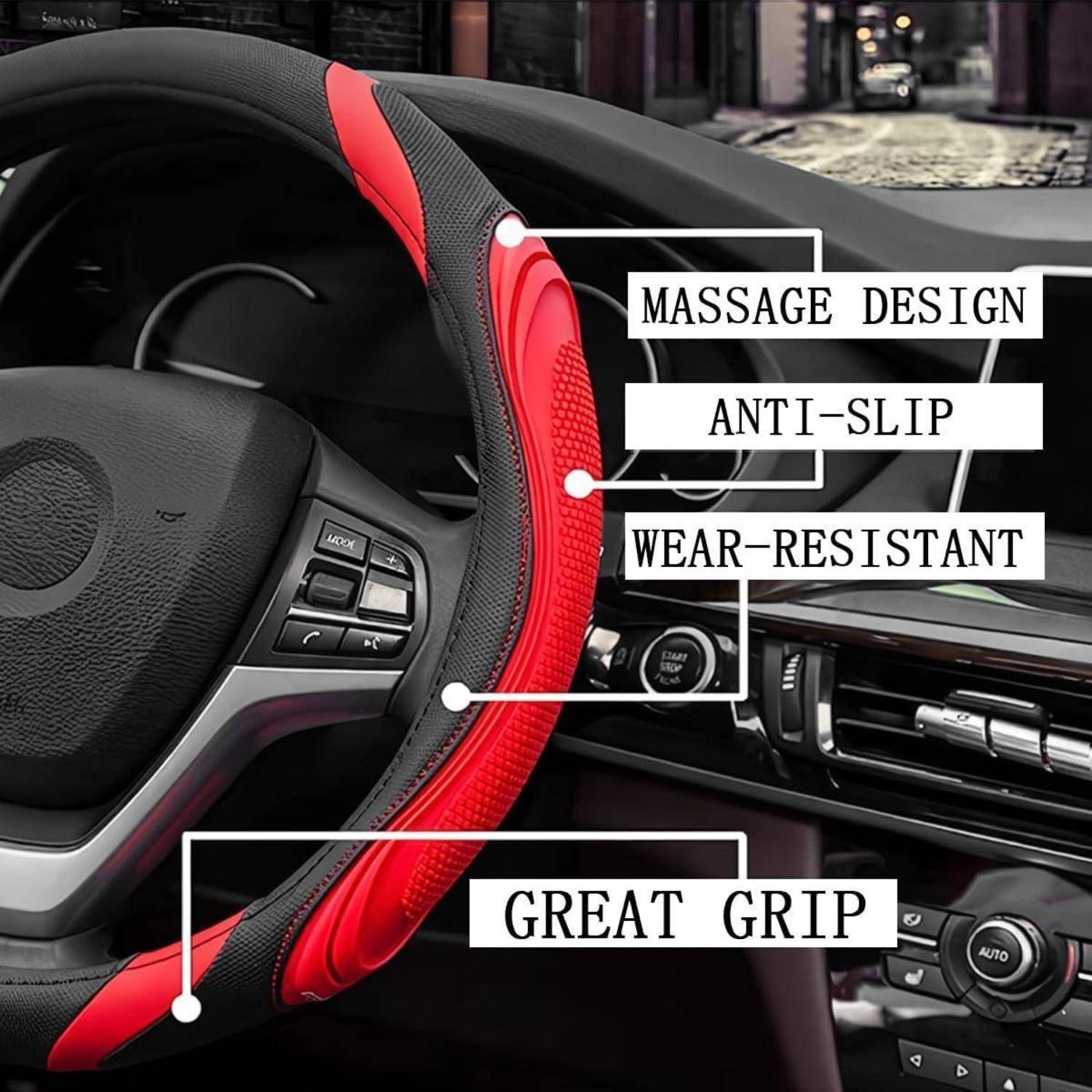 Nahaufnahme einer Autolenkradbezug mit Beschriftungen, die das Massagedesign, die Rutschfestigkeit, die Verschleißfestigkeit und den ausgezeichneten Grip hervorheben.