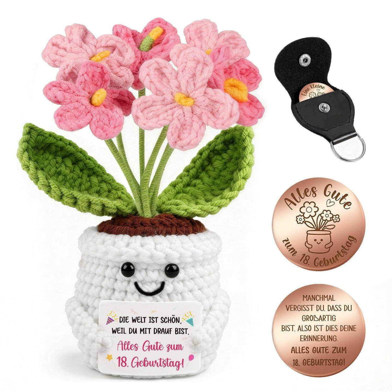 Gehäkeltes Blumentopf-Geschenk mit Smiley-Gesicht und Geburtstag-Anhänger, plus schwarzer Schlüsselanhänger-Halter und zwei runde personalisierte Nachrichtenmarken.