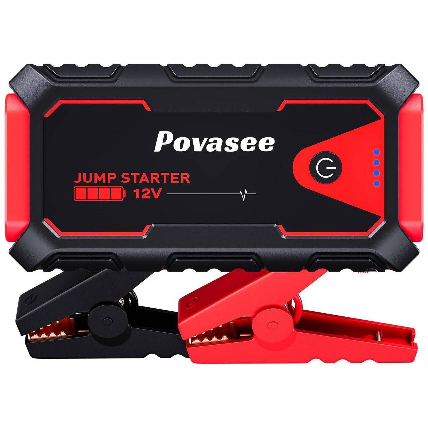 Povasee 12V Starthilfegerät mit Batterieklemmen, gezeigt in schwarz-roten tragbaren Autobatterie-Booster-Gerät.
