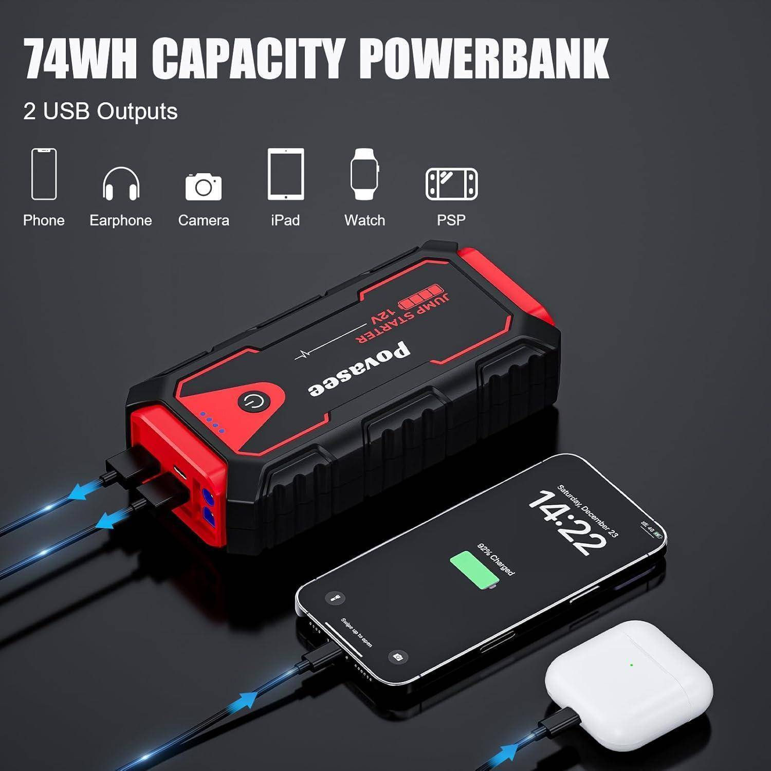 Povasee Starthilfe Powerbank, 5000A Auto Starthilfe für 12V Fahrzeuge (Bis zu 10L Benzin/8L Diesel), Starter Powerbank mit LED, 2 Schnelllade USB