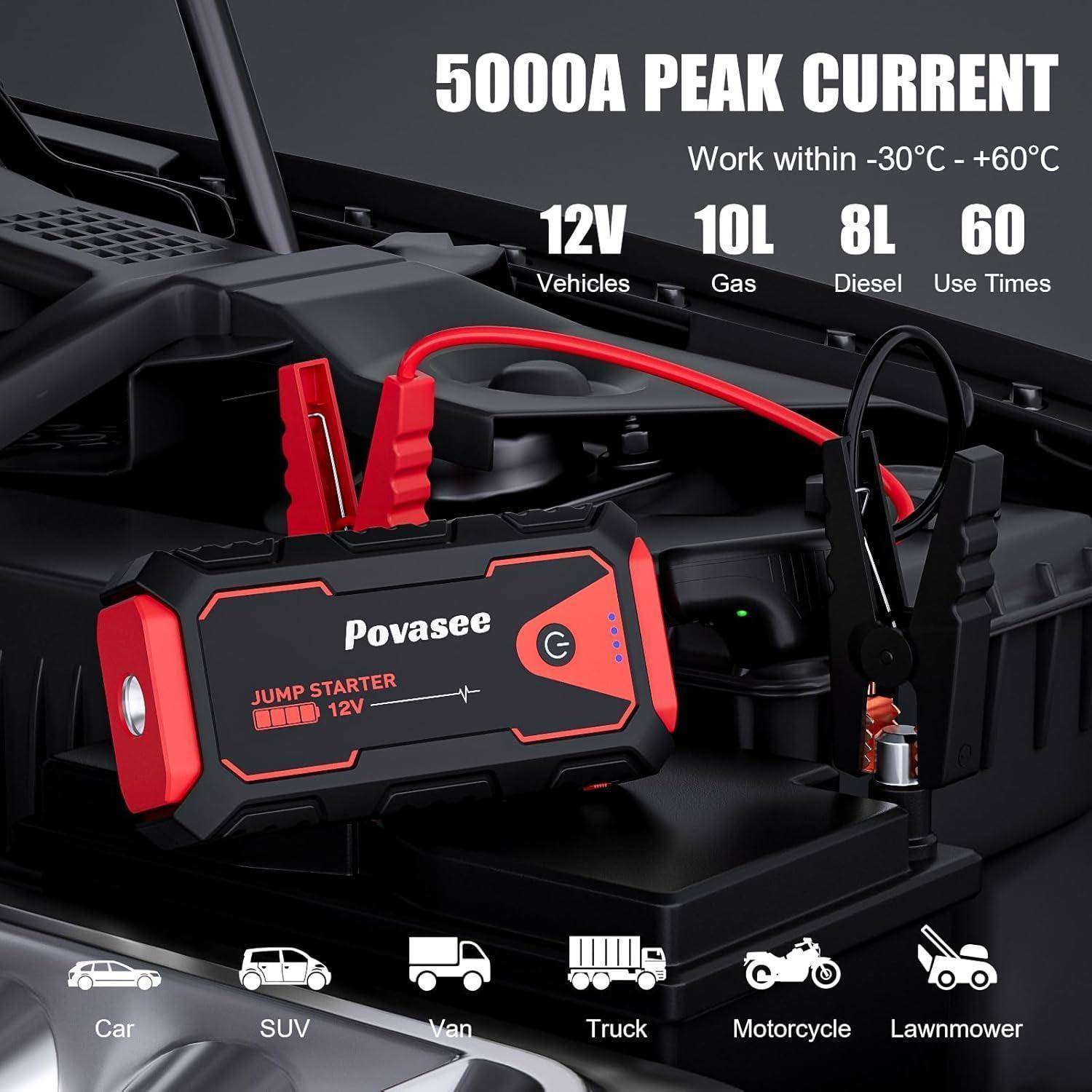 Povasee Starthilfe Powerbank, 5000A Auto Starthilfe für 12V Fahrzeuge (Bis zu 10L Benzin/8L Diesel), Starter Powerbank mit LED, 2 Schnelllade USB