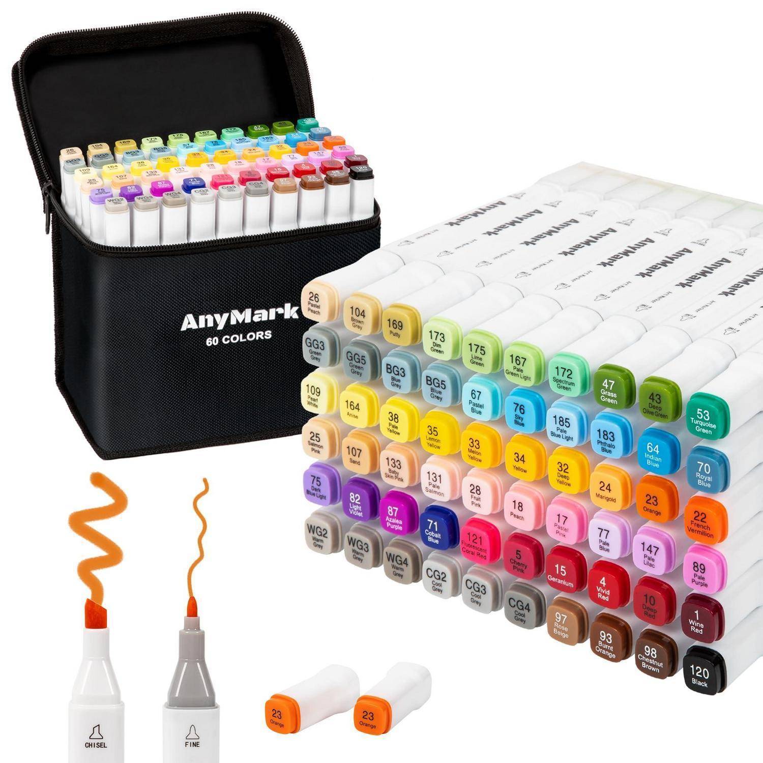 AnyMark Alkohol Marker, 60 Farben Marker Stifte Set, Twin Tip Künstler Stifte Set zum Zeichnen, Ausmalen und Skizzieren, Meißel- & Feinspitzen