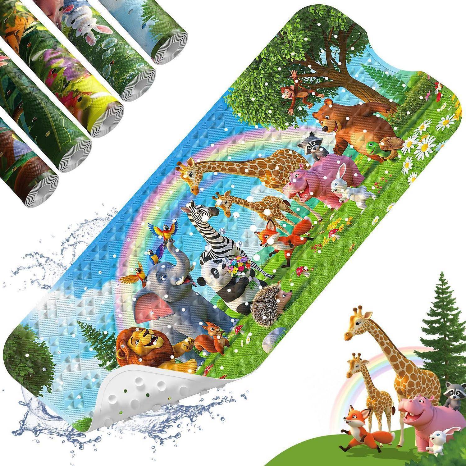 Illustration einer bunten Kinderspielmatte mit Safari-Tieren, Bäumen und Regenbögen, dargestellt als aufgerollte und ausgebreitete Puzzlematte.