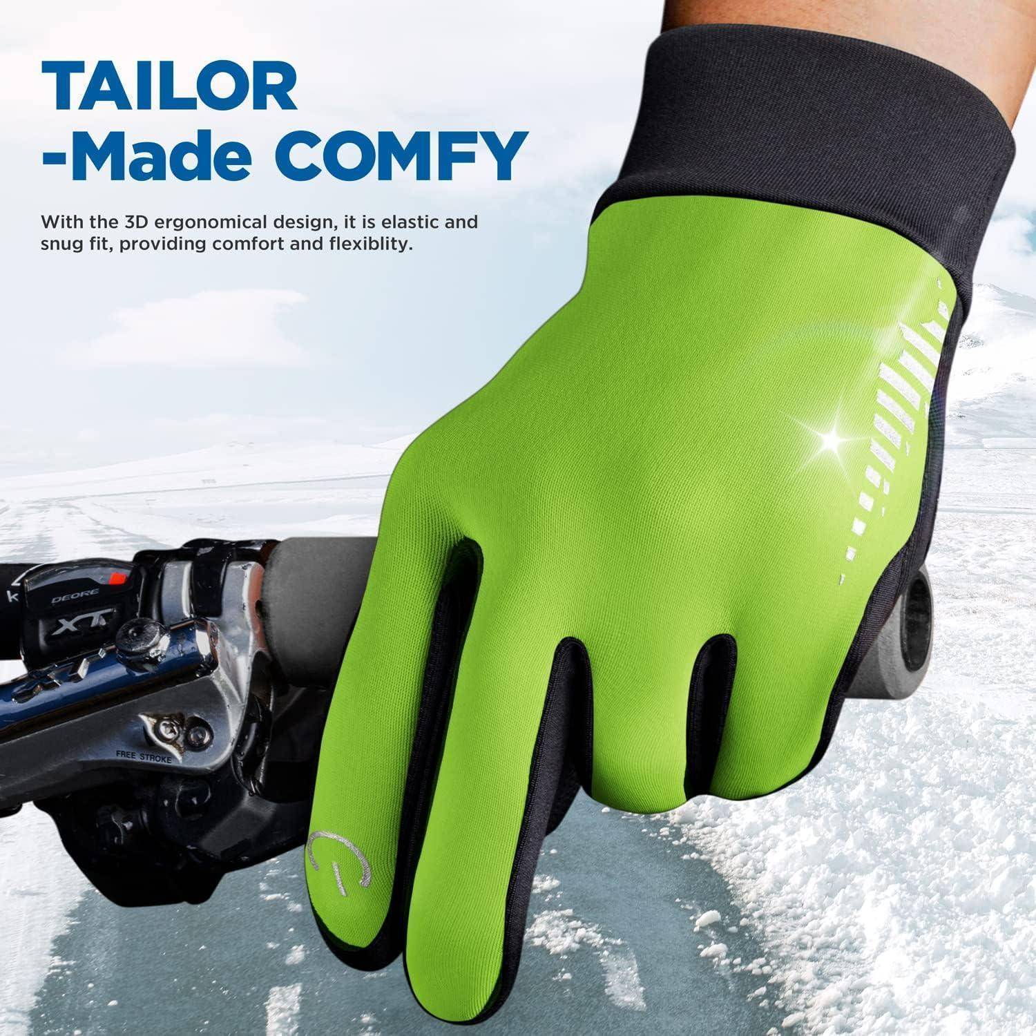 Grüne und schwarze Fahrradhandschuhe an einer Hand, die einen Fahrradlenker greift, mit dem Text „TAILOR-Made COMFY