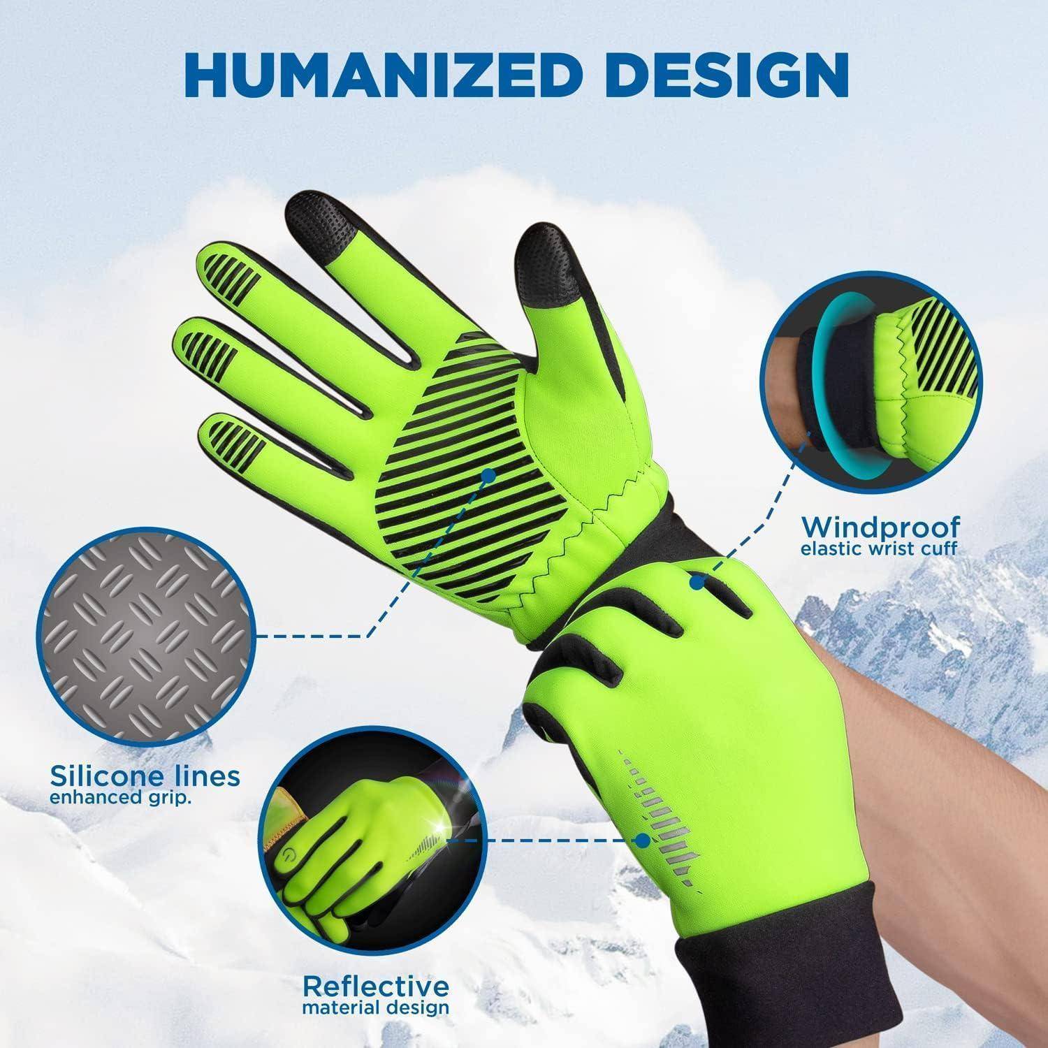 Produktbild von neongrünen und schwarzen Handschuhen mit der Bezeichnung „HUMANIZED DESIGN