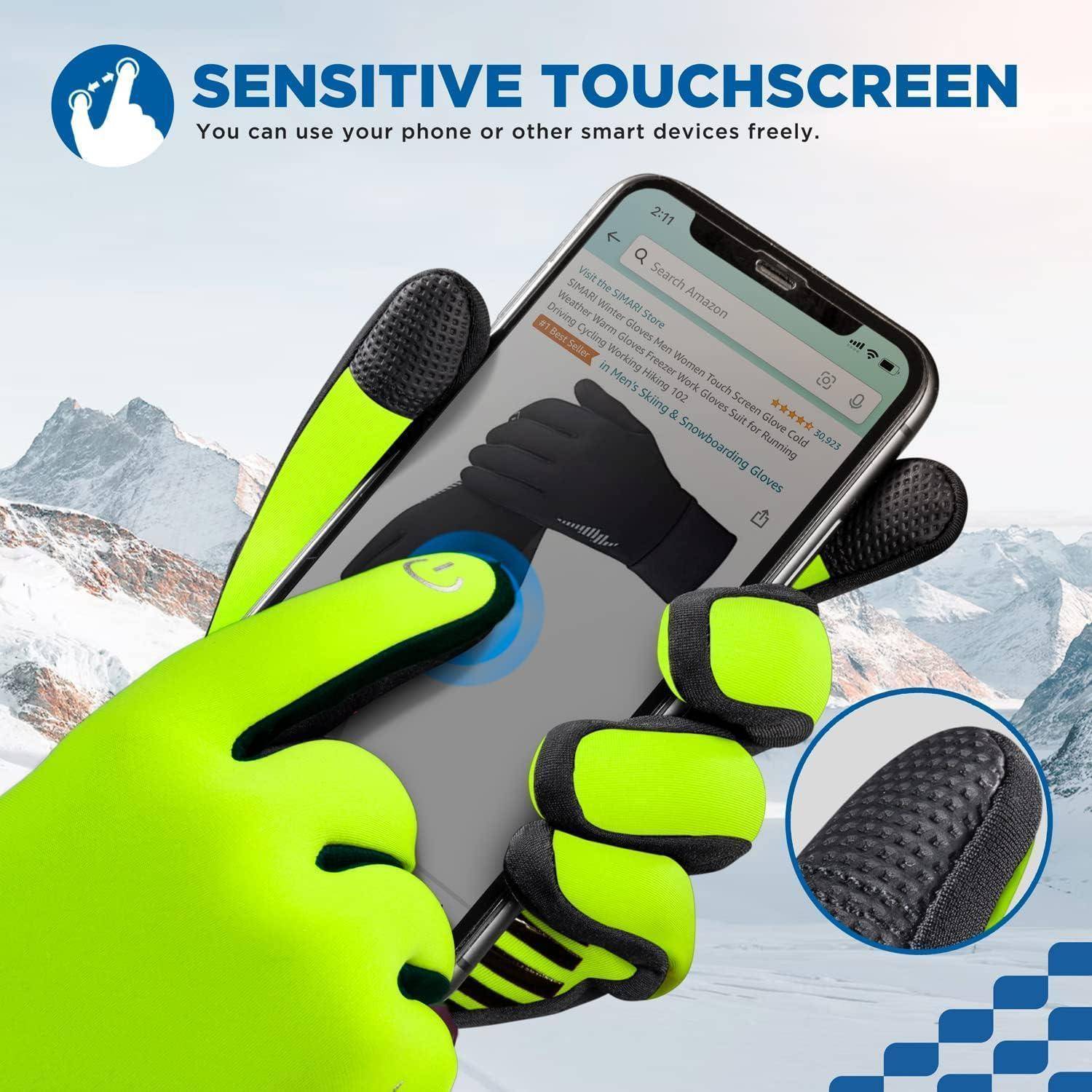 Werbegrafik mit neongrünen Handschuhen, die einen Smartphone-Touchscreen verwenden, mit der Aufschrift „EMPFINDLICHER TOUCHSCREEN