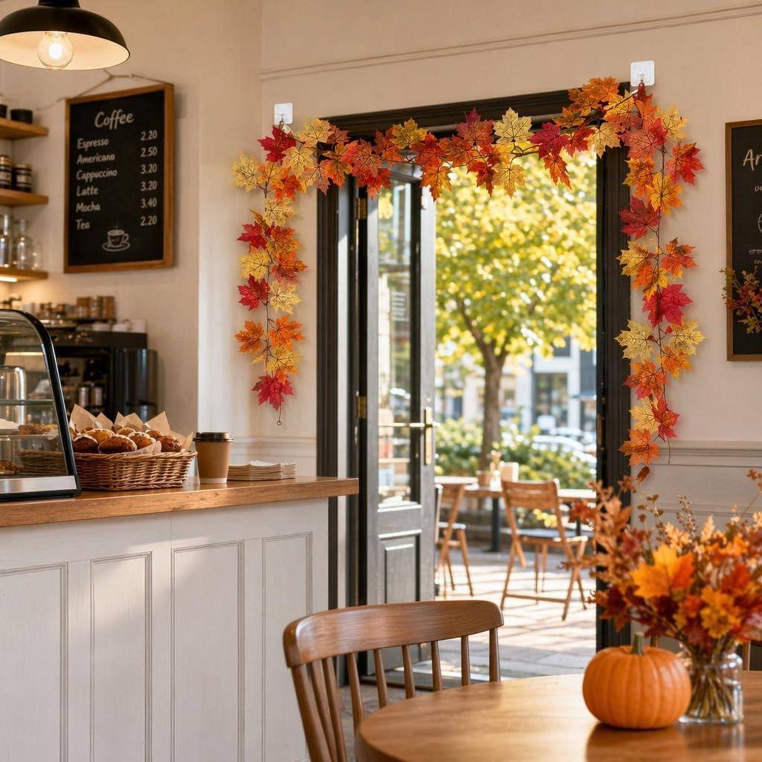Gemütliches Café-Interieur mit Herbstdekoration, offene Türöffnung zum Außensitzbereich, Kaffee-Speisekarte, Theke und Kürbis-Mittelpunkt.