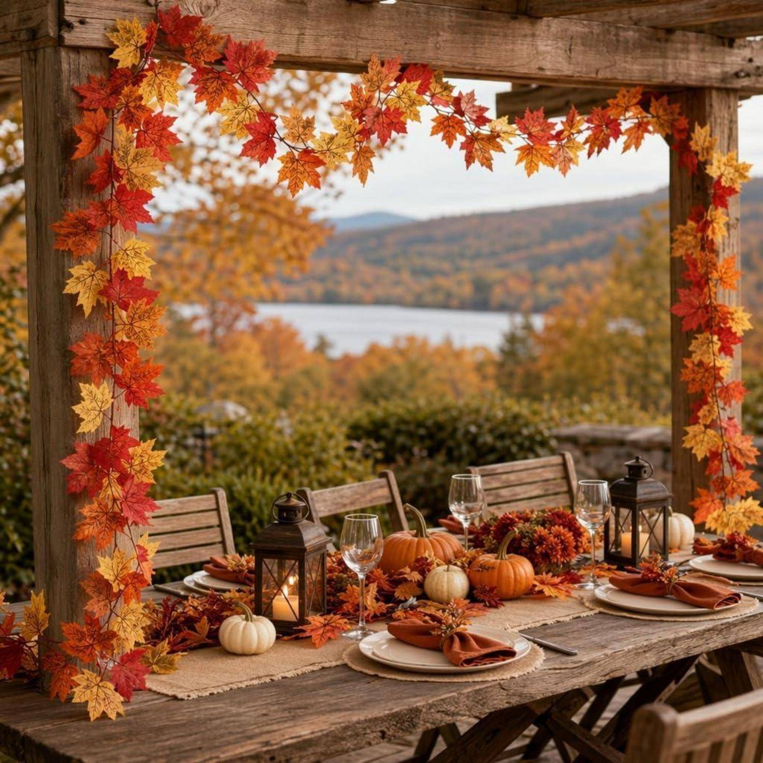Herbst-Esstisch im Freien, geschmückt mit Kürbissen, Kerzen und Herbstblättern, eingerichtet unter einem rustikalen Holzbogen mit See und Hügeln im Hintergrund.