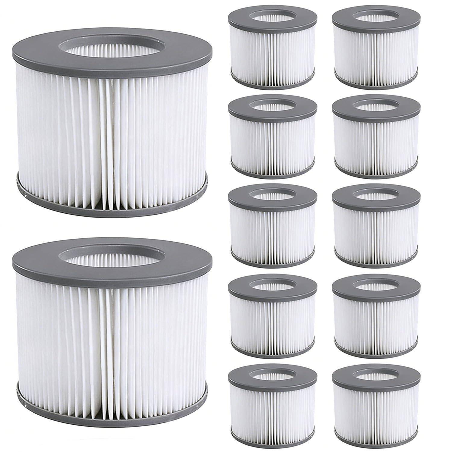 Sortierte zylindrische Faltenluftfilter mit grauen Rändern, gezeigt als zwei größere Filter auf der linken Seite und acht kleinere Filter auf der rechten Seite.