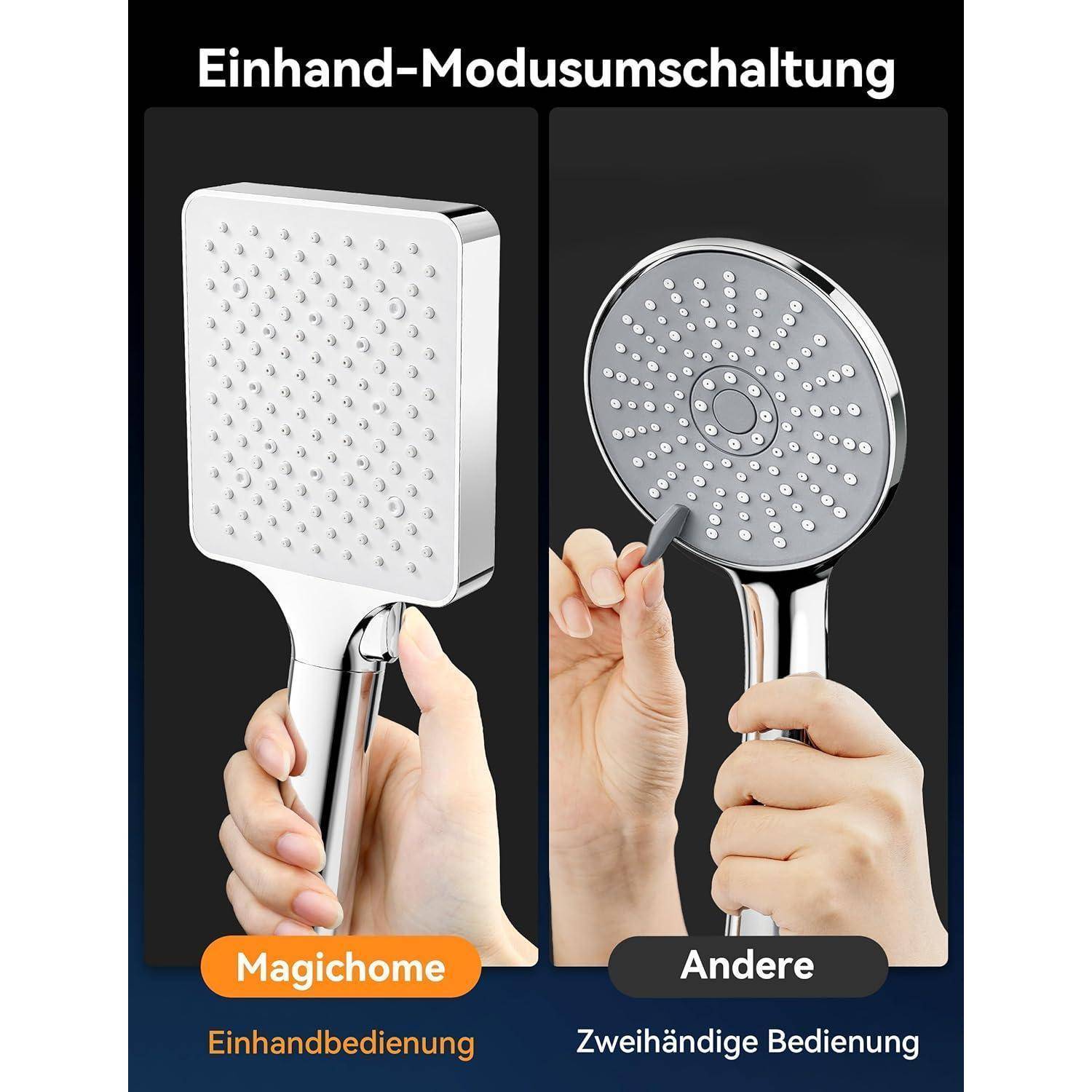 Vergleichsbild, das den Einhandbetrieb der Duschkopfumschaltung zeigt: Magichome kann mit einer Hand bedient werden, während ein anderes Modell zwei Hände erfordert.