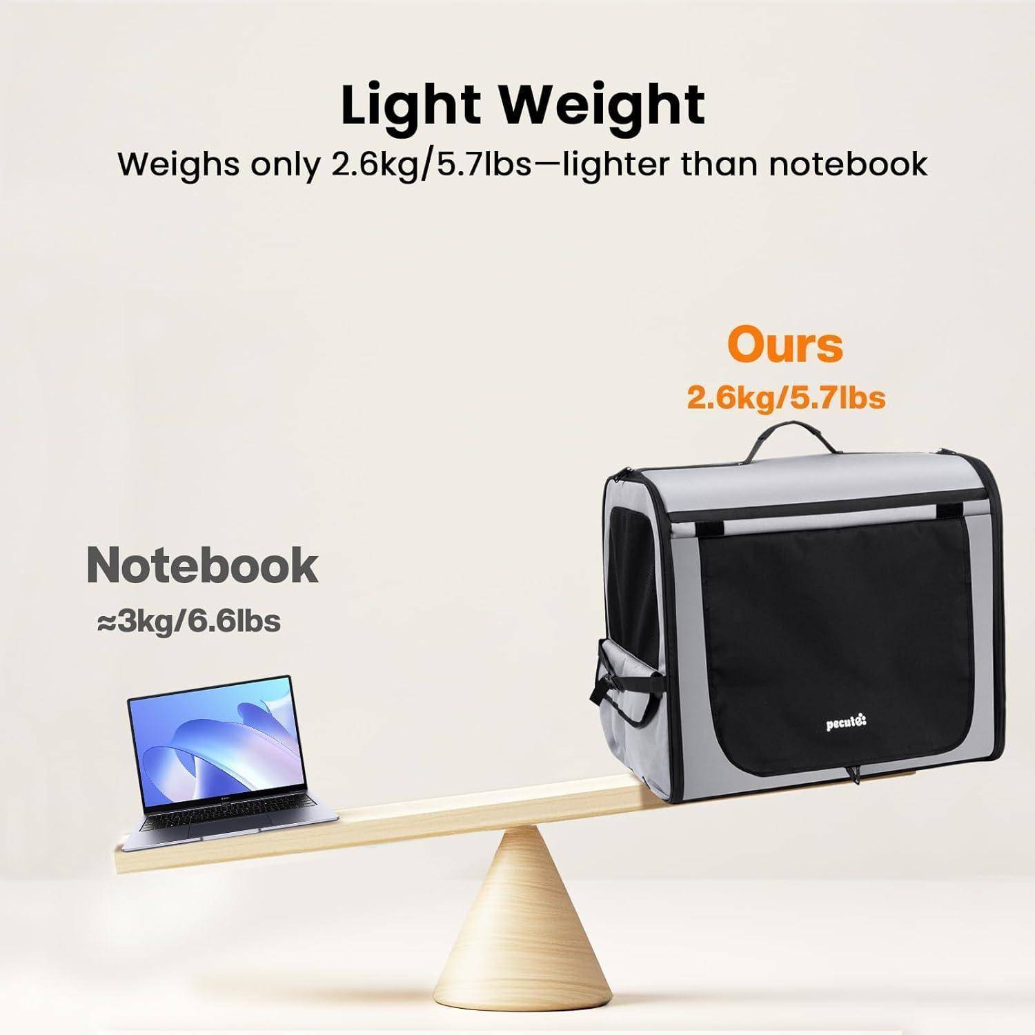 Anzeige, die eine leichte Tasche auf einer Balkenwaage gegenüber einem Notebook zeigt, mit der Behauptung "Leicht"" und ""Unsere 2,6kg/5,7lbs"" ist leichter als ""Notebook ≈3kg/6,6lbs"".