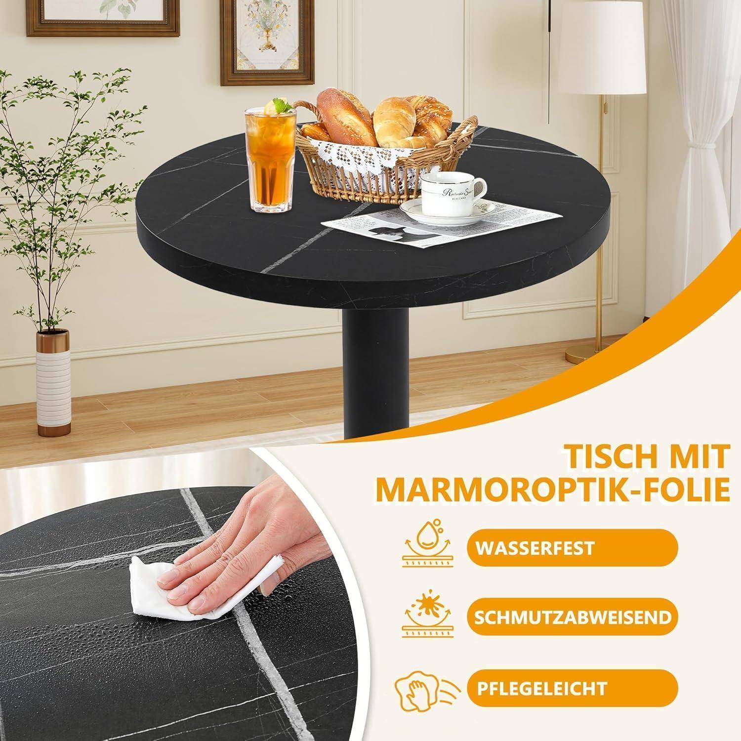 Werbebild eines schwarzen runden Tisches mit Marmoroptik-Folie, gezeigt mit Frühstücksgegenständen; die Einfügung zeigt einfache Reinigung. Der Text lautet „TISCH MIT MARMOROPTIK-FOLIE