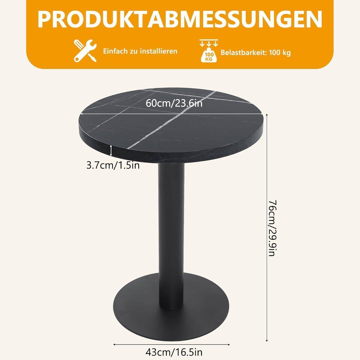 Produktmaße Diagramm für einen runden Säulentisch: 60 cm Tischplatte, 76 cm Höhe, 43 cm Basis, 3,7 cm Dicke der Oberfläche; 'Einfach zu installieren' und 'Tragfähigkeit: 100 kg'.