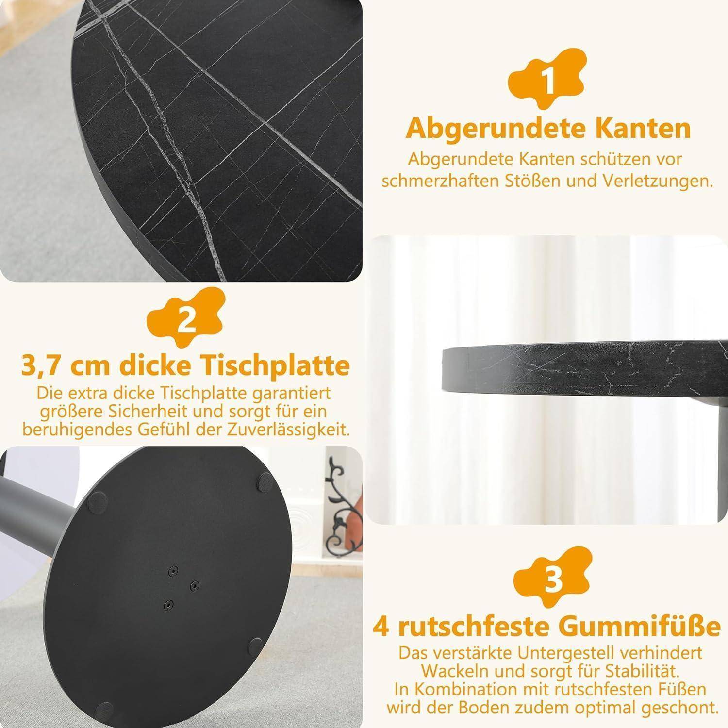 Infografik eines schwarzen runden Tisches mit Hervorhebung von 3 Merkmalen auf Deutsch: abgerundete Kanten, 3,7 cm dicke Tischplatte und 4 rutschfeste Gummifüße für Stabilität.