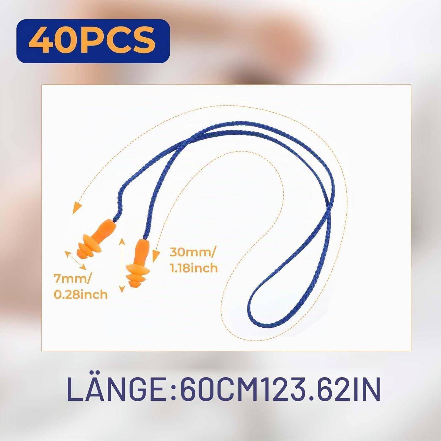 4-teiliges blaues Kordel-Set mit orangefarbenen Spitzen; Etikett besagt 30 mm x 7 mm und Länge 60 cm, 23,62 Zoll.