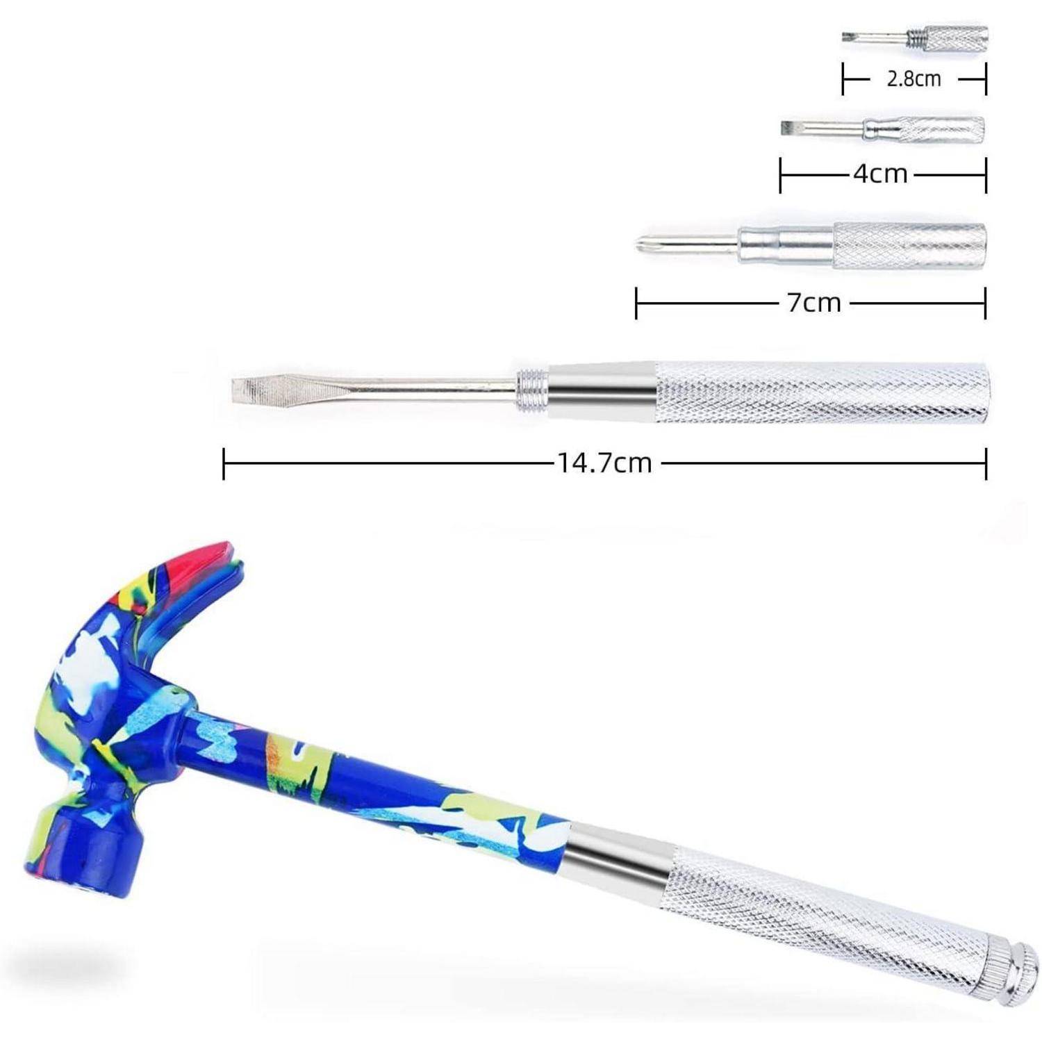 Bild eines kleinen Hammers und eines metallischen Schraubendrehers mit strukturierten Griffen, dargestellt mit Messungen: 14,7 cm Gesamtlänge und kleinere Teile mit den Bezeichnungen 7 cm, 4 cm und 2,8 cm.