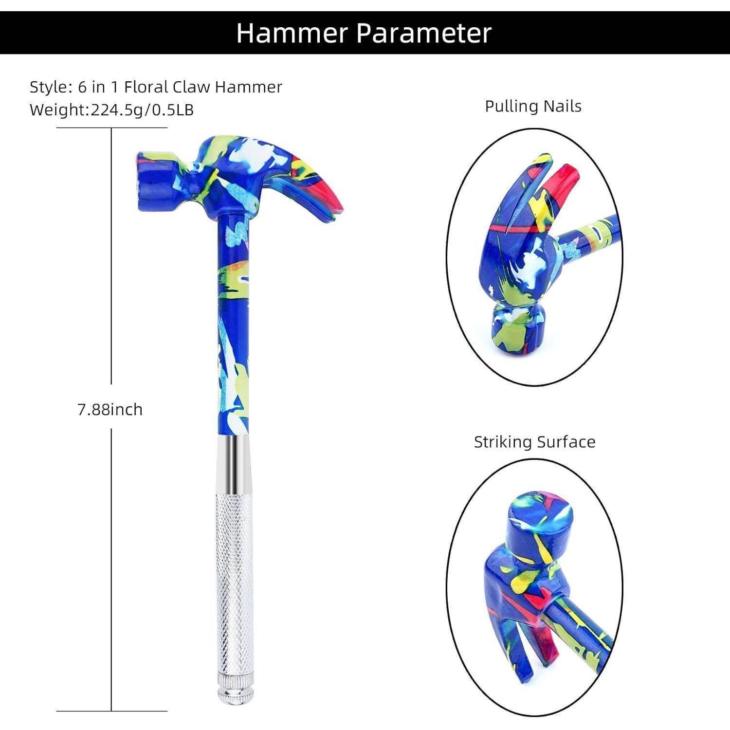 Diagramm eines 6-in-1-Blumenkrallenhammers mit angegebener Gewichtung von 224,5g/0,5lb und einer Länge von 7,88 Zoll, mit Detailansichten der Nagel-Auszugskralle und der Schlagfläche.