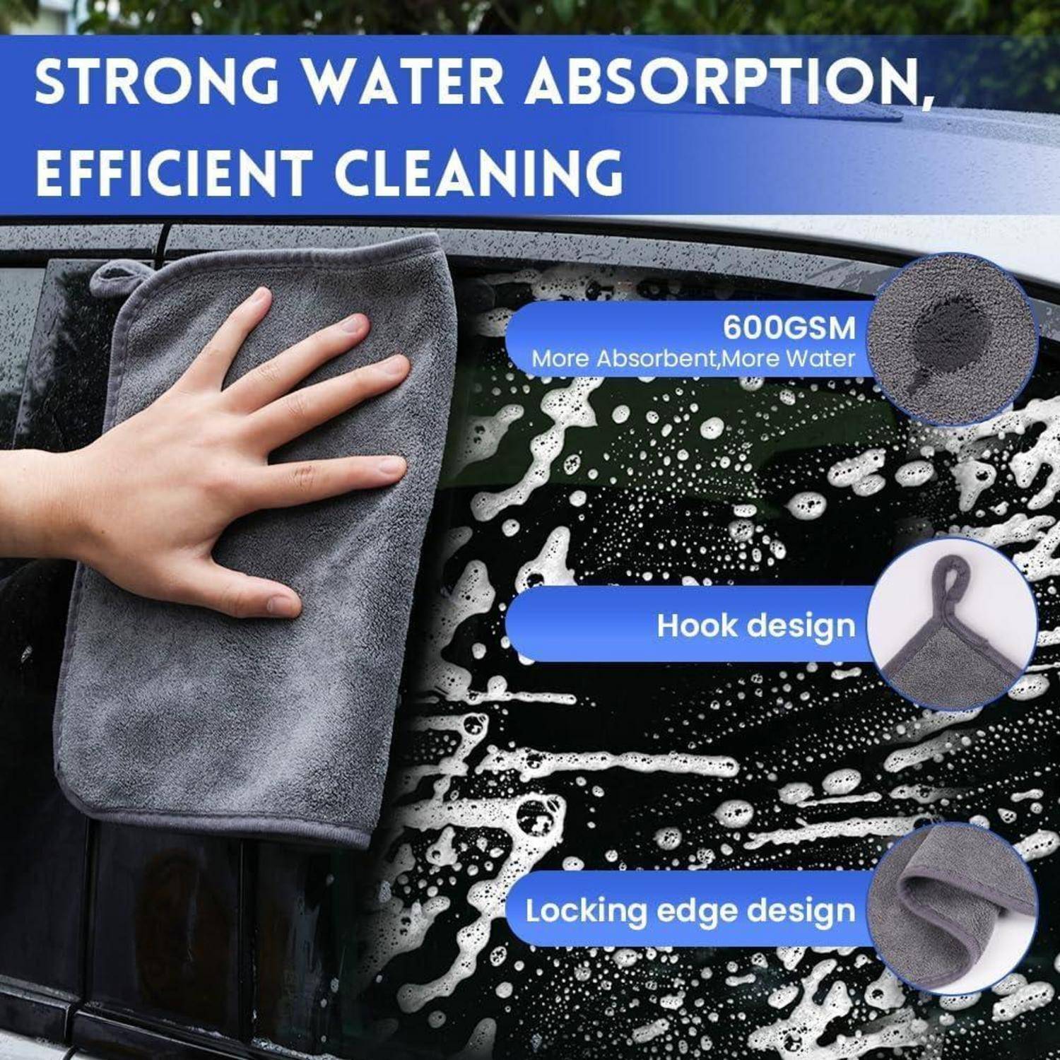 flintronic Autopflege Set 5 Stück, mit 3 Auto Trockentuch & 2 Waschhandschuh Auto, 600GSM Mikrofasertücher Auto, Poliertücher Trokentuch für Polie
