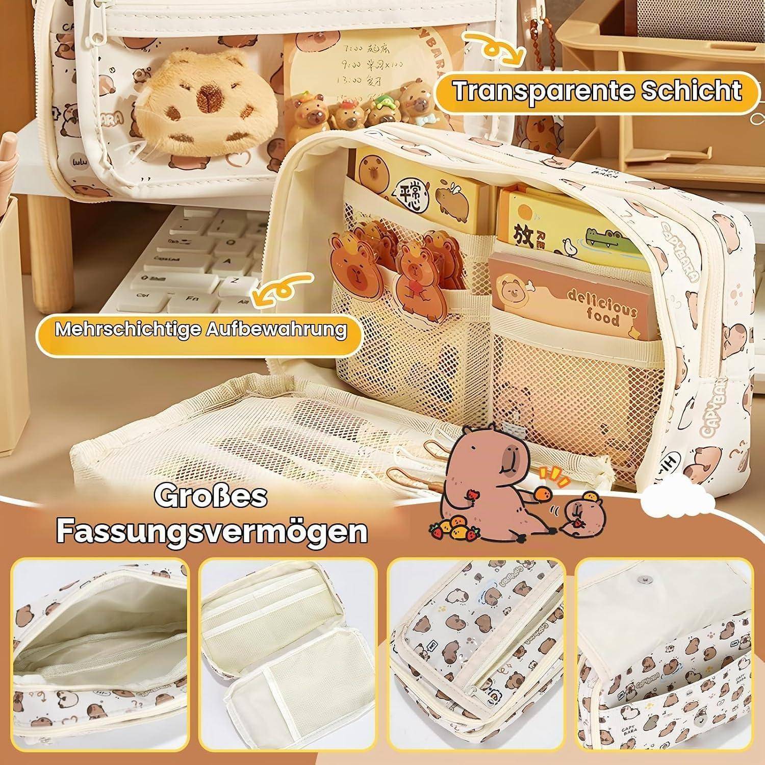 Illustrierte durchsichtige Mesh-Reiseorganizertaschen mit mehreren Fächern und großem Fassungsvermögen, dargestellt beim Halten von Snacks und Toilettenartikeln, mit deutschen Beschriftungen, die die Lagerfunktionen hervorheben.