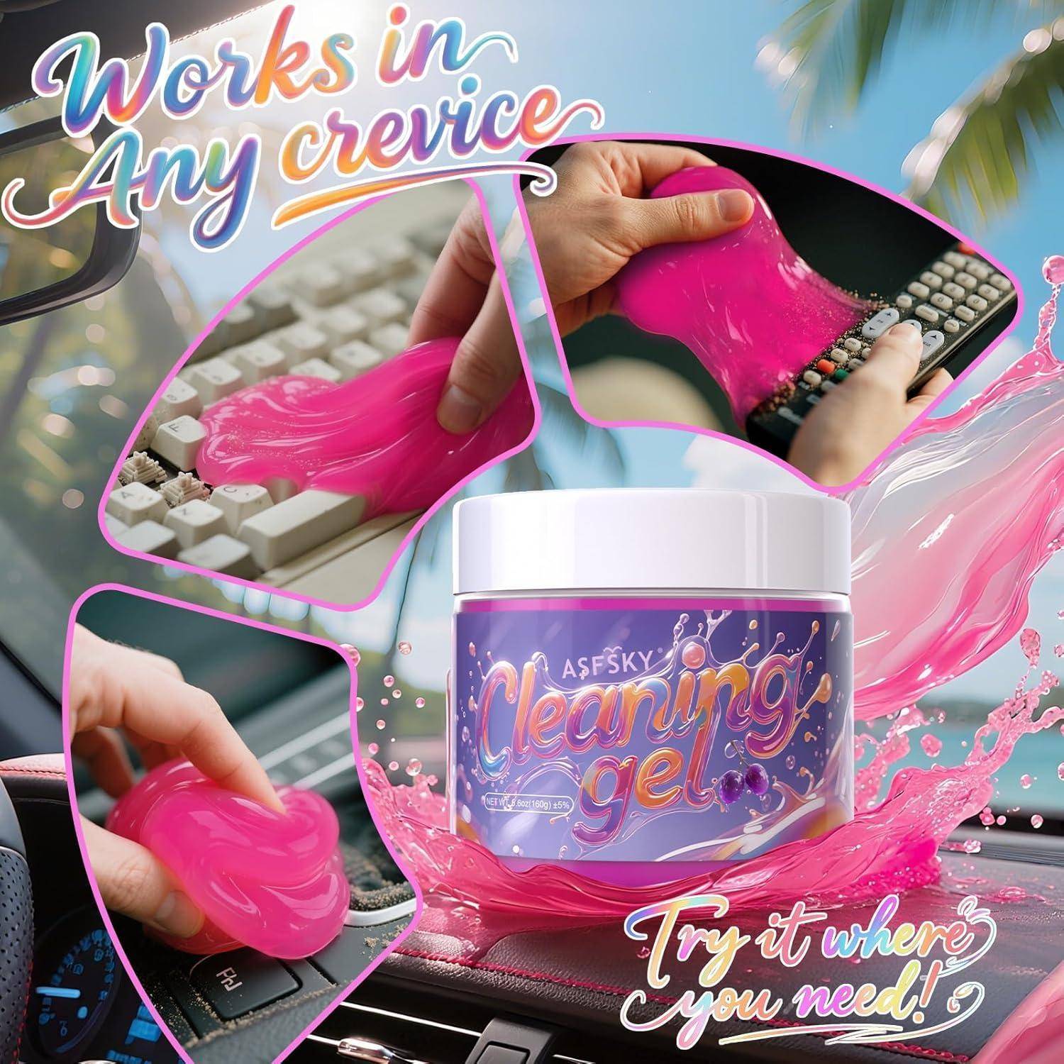 Werbebild einer rosa Reinigungsgel, die auf eine Tastatur und Autoinnenraumoberflächen gedrückt wird, mit einem Glas mit der Aufschrift „Reinigungsgel