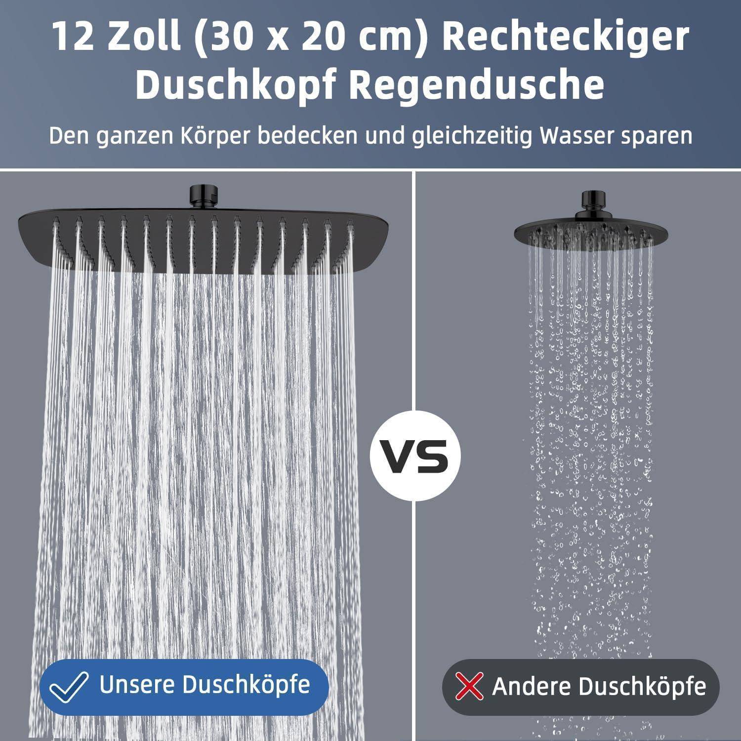 Duschkopf Regendusche, Edelstahl Regendusche Duschkopf, Anti-Kalk-Düsen (Mattschwarz, 30 x 20 cm) Rechteckig 30 x 20 cm Mattschwarz