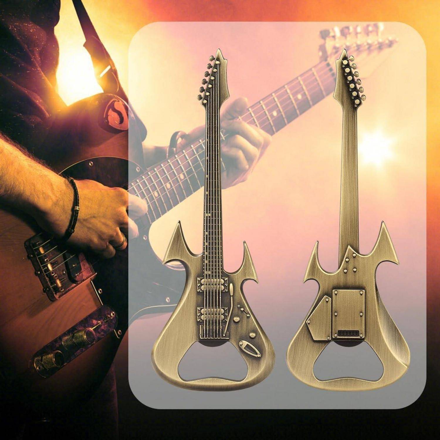 Elektrischer Gitarrist neben zwei futuristischen Designs einer goldenen Doppelhals-Gitarre, die in einer abgerundeten Einfassung gezeigt werden