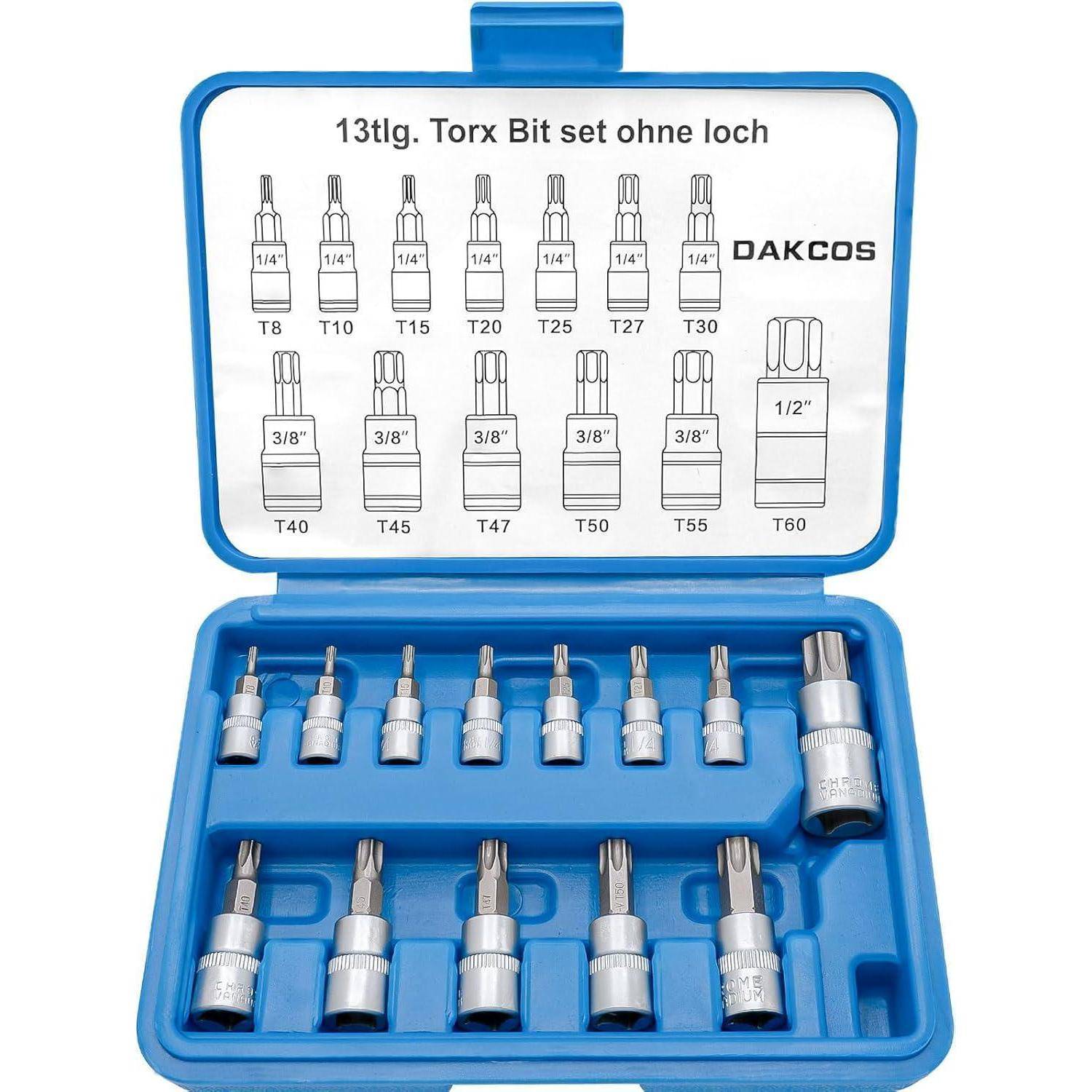 Blauer Koffer mit 13 Torx-Bit-Nüssen und Adaptern, beschriftet T8-T60, in einem geformten Kunststofforganizer angezeigt.