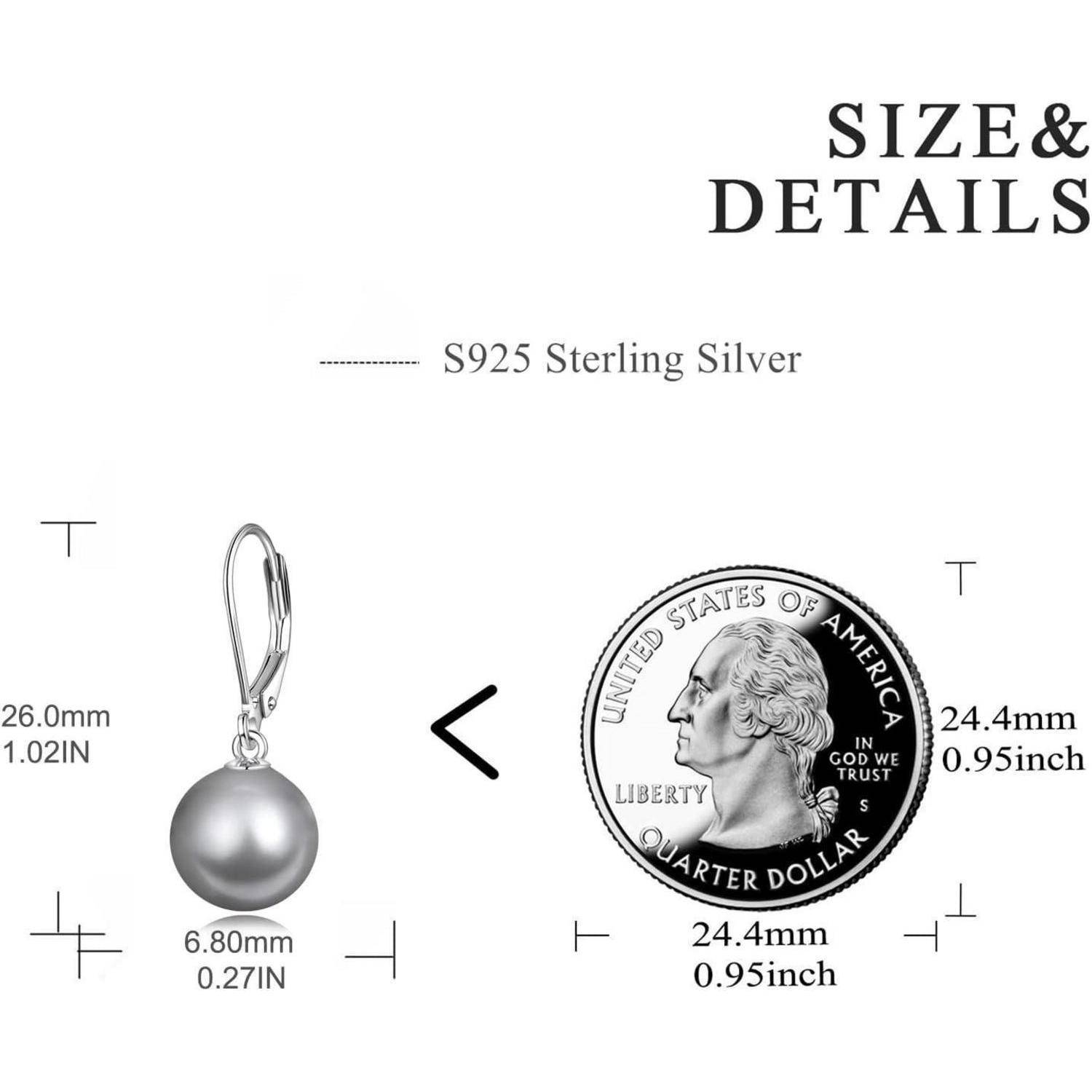 Größendetails-Diagramm für einen S925-Sterlingsilber-Ohring mit einer 6,8-mm-Kugel und 26-mm-Tropfen, dargestellt kleiner als eine US-Quartermünze.