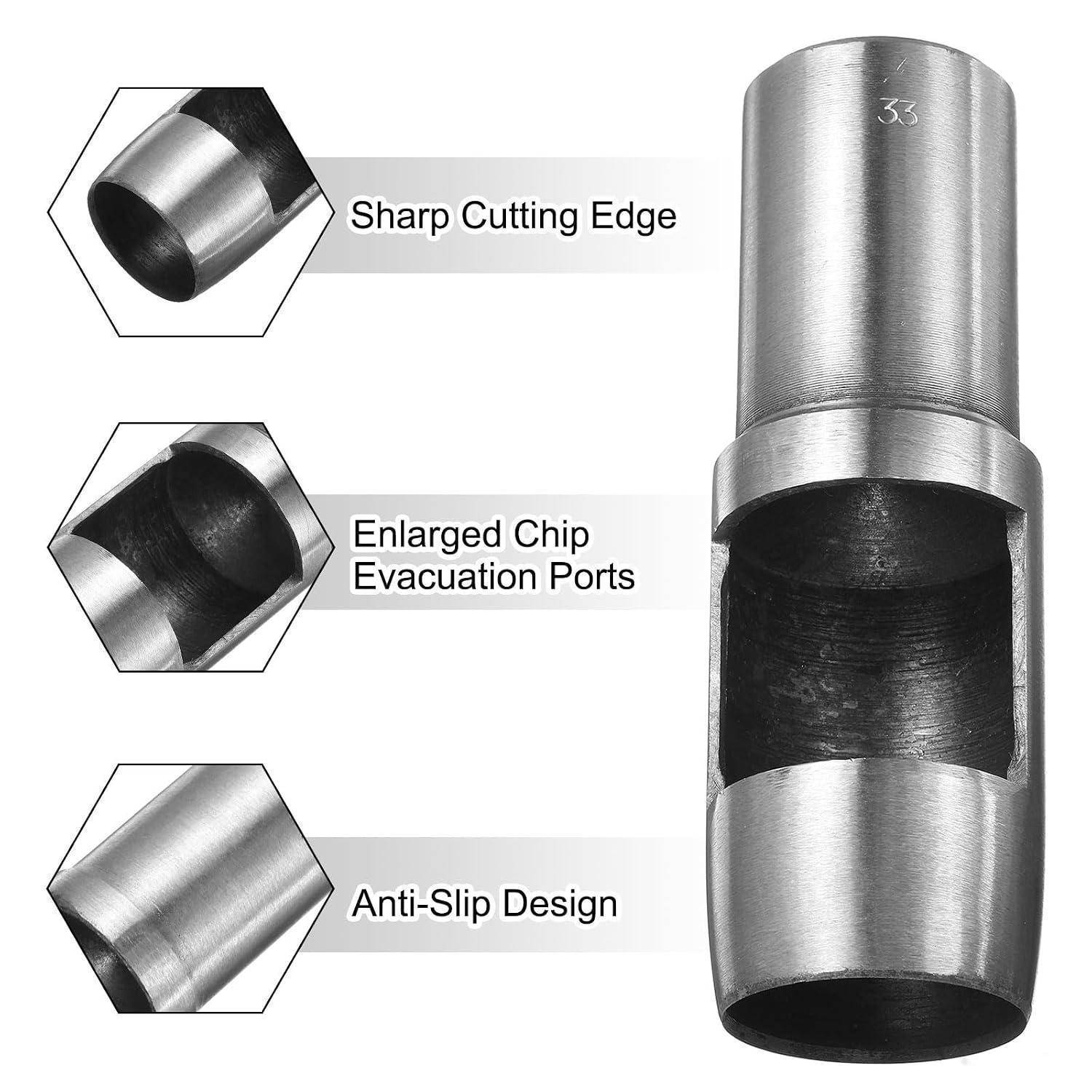 Kommentiertes Metallschneidewerkzeug, das eine scharfe Schneidkante, vergrößerte Spanabfuhröffnungen und rutschsicheres Design zeigt.