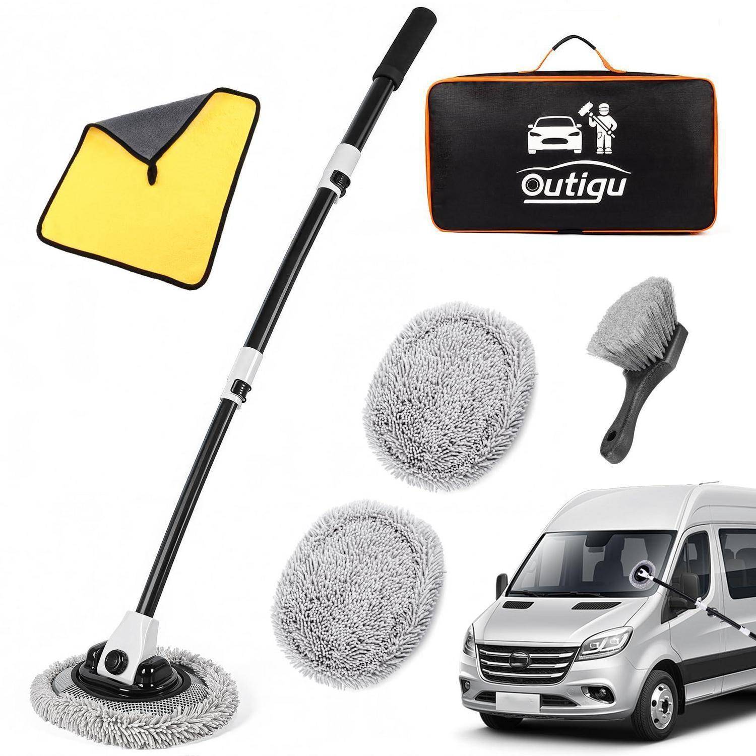 Autoreinigungs-Set mit ausziehbarem Mop, gelbem Tuch, Bürste, zwei Mikrofaserpads, Aufbewahrungstasche und einer Van-Illustration, die die Verwendung an der Außenseite des Fahrzeugs zeigt.