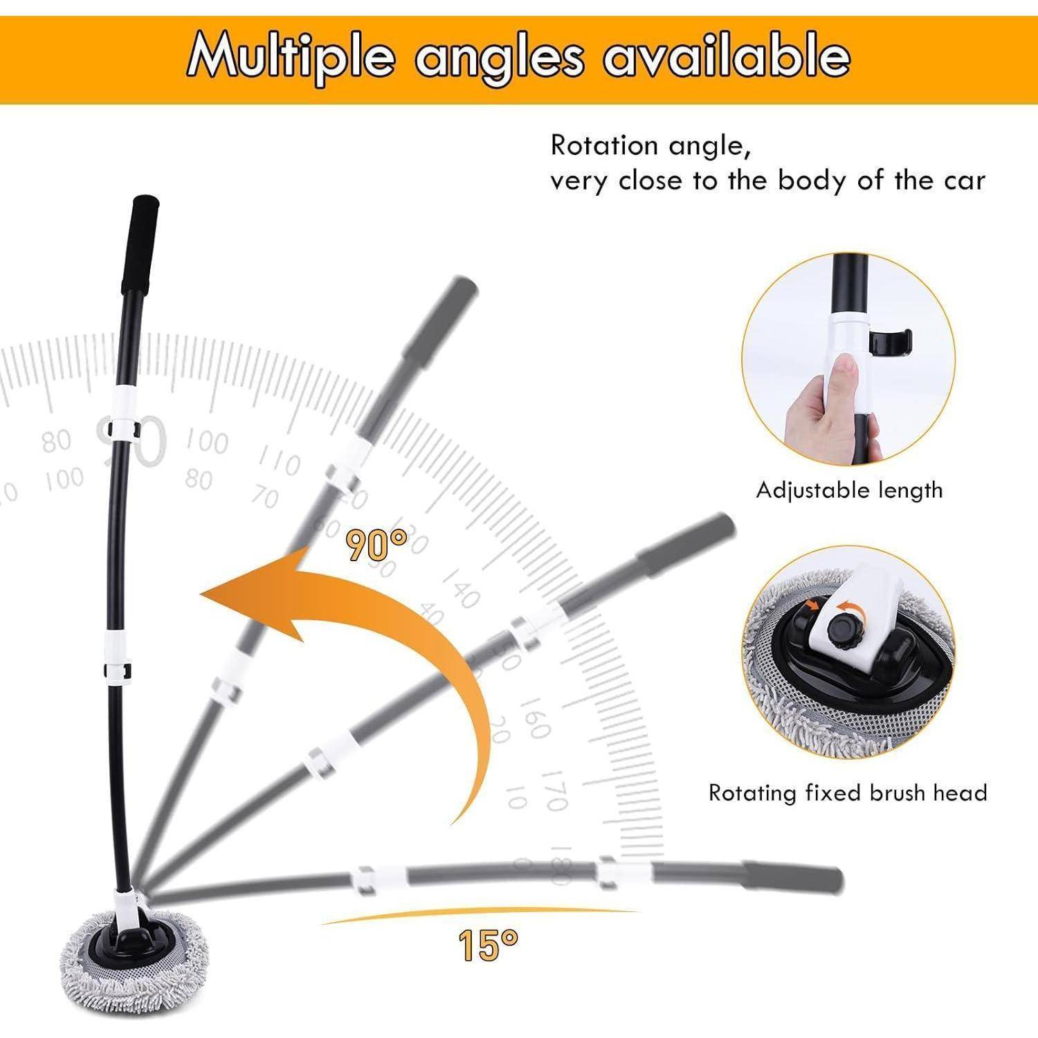 Diagramm einer Autoreinigunsbürste mit der Aufschrift „Mehrere Winkel verfügbar