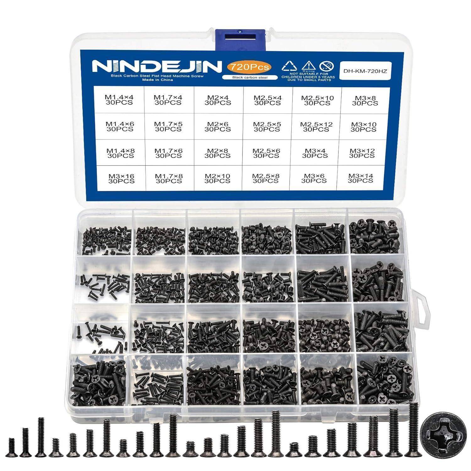 NINDEJIN 720 Stück Laptop Computer Schrauben Kit, Flachkopf Phillips Mini Schrauben M1.4 M1.7 M2 M2.5 M3 Schwarz PC Schrauben Set Computerschrauben