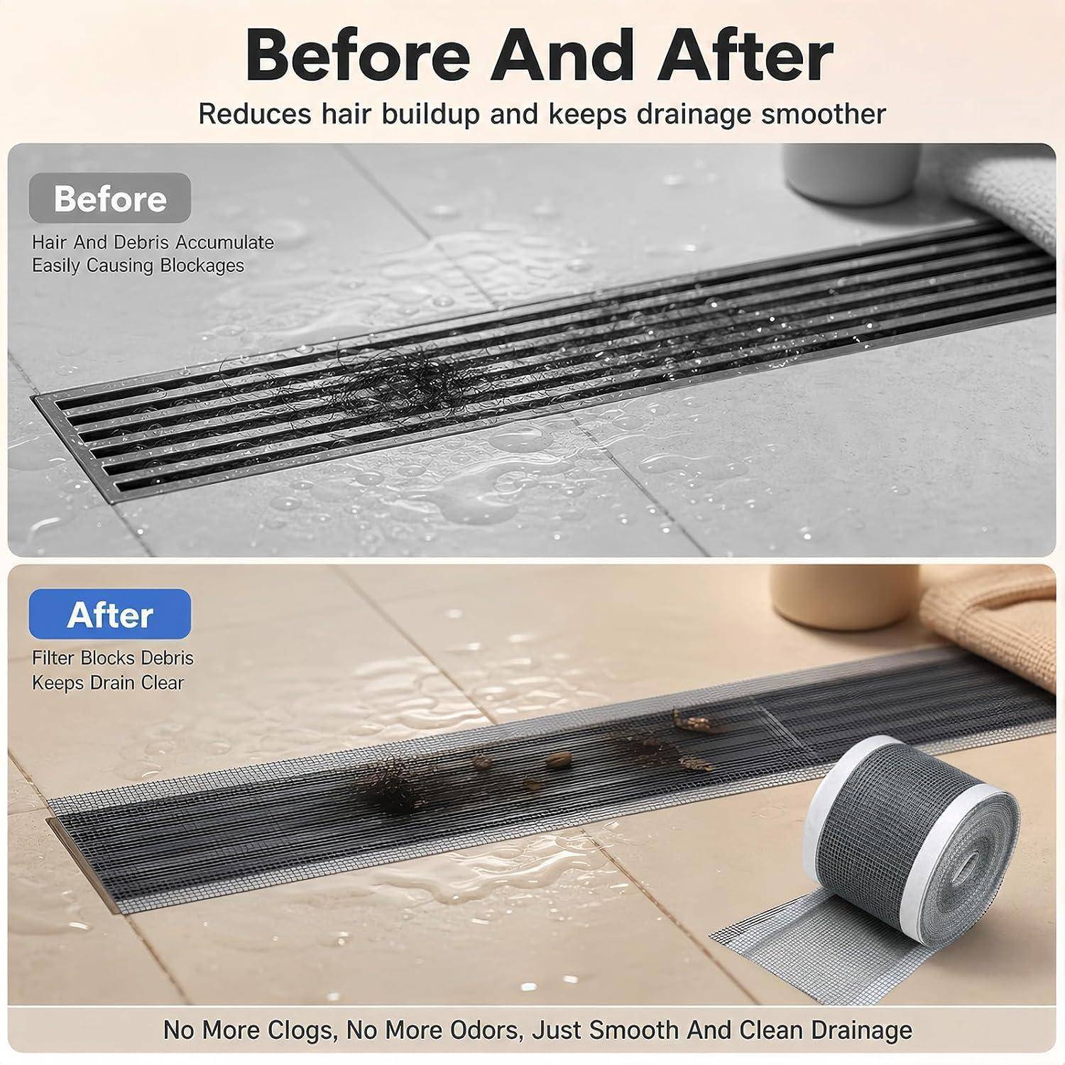 Vorher-und-Nachher-Bild einer Duschablaufabdeckung: Vorher sind Haare und Schmutz in den Ablauf verstopft; nachher fängt der Filter Schmutz auf und hält die Drainage frei.